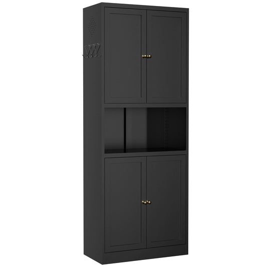 VIYET 72" Black Metal Kitchen Pantry Cabinet with Large Countertop, Adjustable Shelves & Hooks, Freestanding Coffee Bar Storage Cabinet