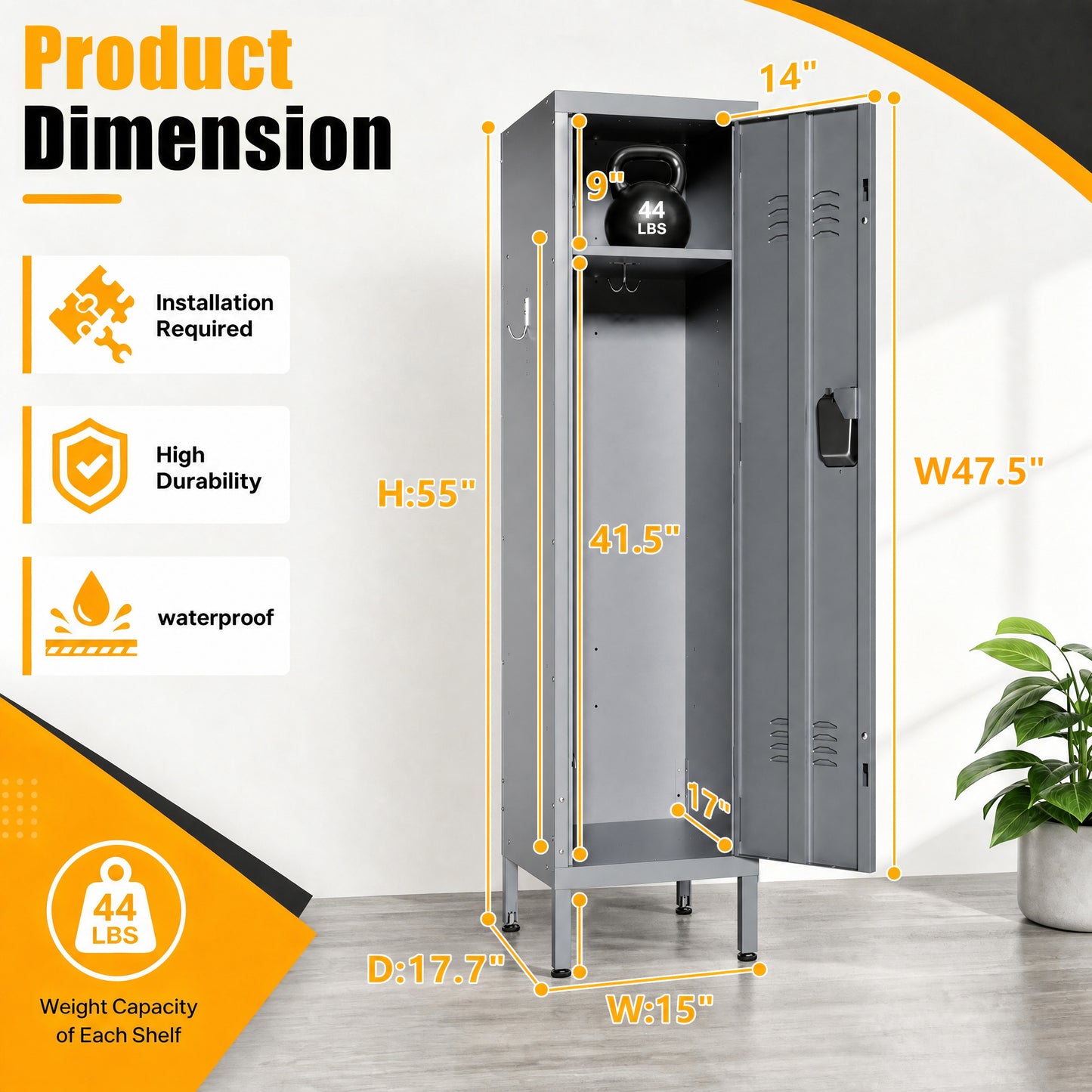 VIYET 55" Steel Wardrobe Cabinet with Lock, Slim Metal Clothing Storage Locker with Ventilated Door, Side Hooks & Anti-Tip Kit for Bedroom, Gray