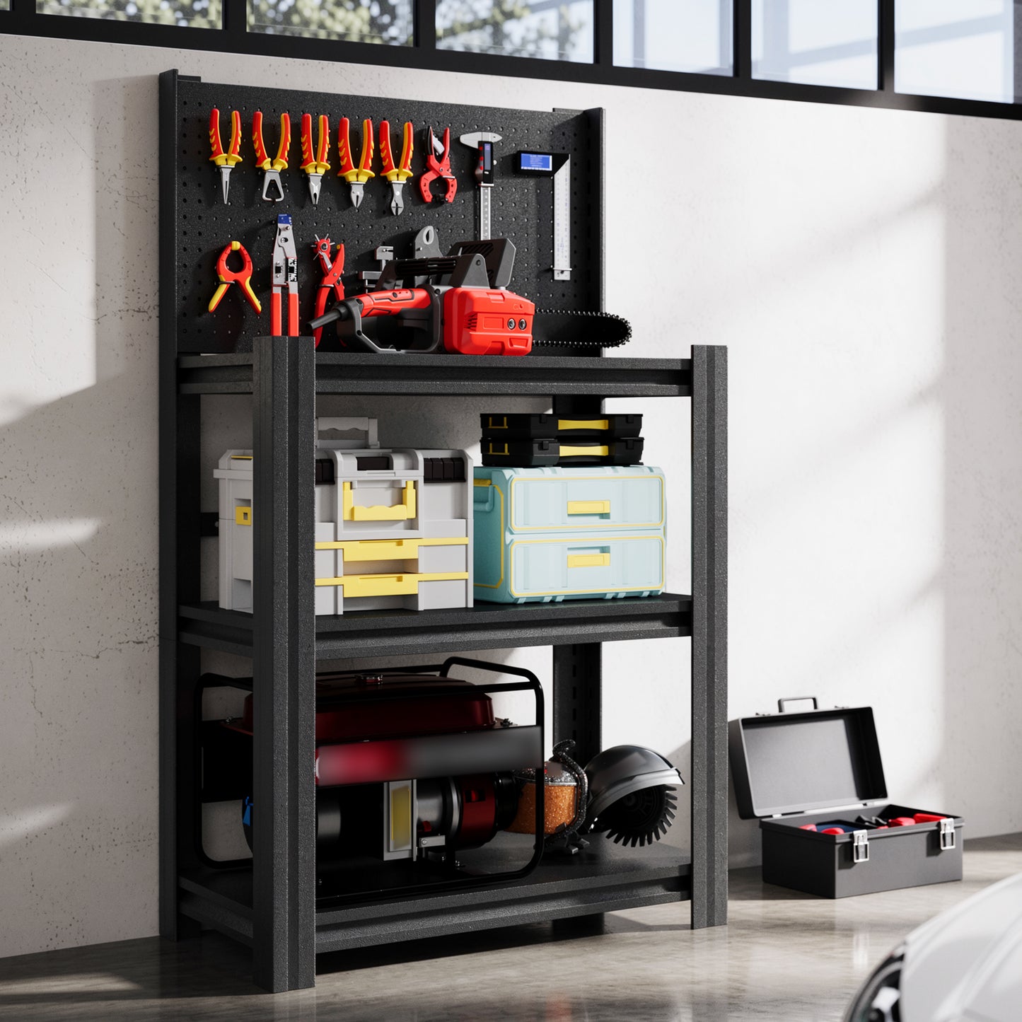 VIYET 3-Tier Metal Storage Shelf with Pegboard, 660 lbs Capacity, Adjustable Garage Shelving Rack for Tools, Workshop, Basement & Utility Room