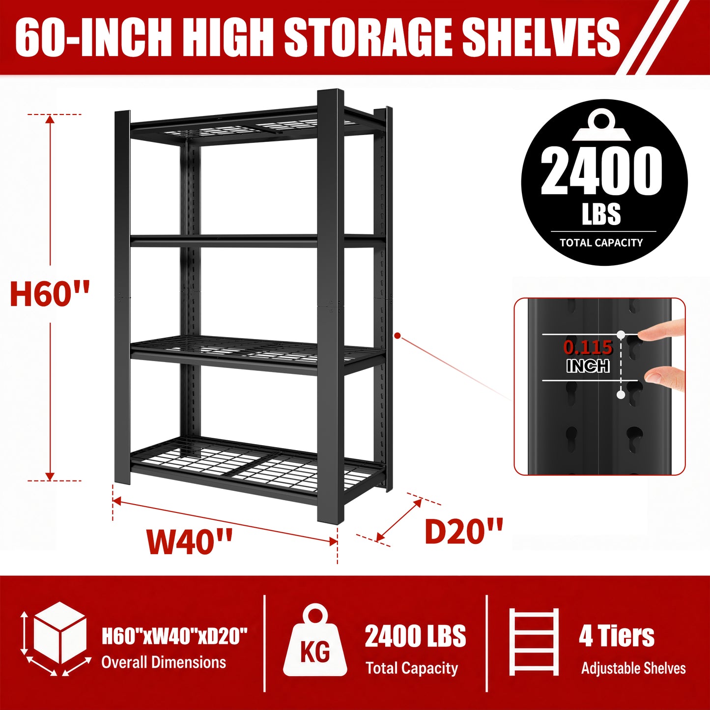 VIYET 60" H Heavy Duty Metal Shelving Unit, 4 Tier Adjustable Storage Rack with 2240 LBS Capacity, Garage Shelf Organizer for Pantry Kitchen Black