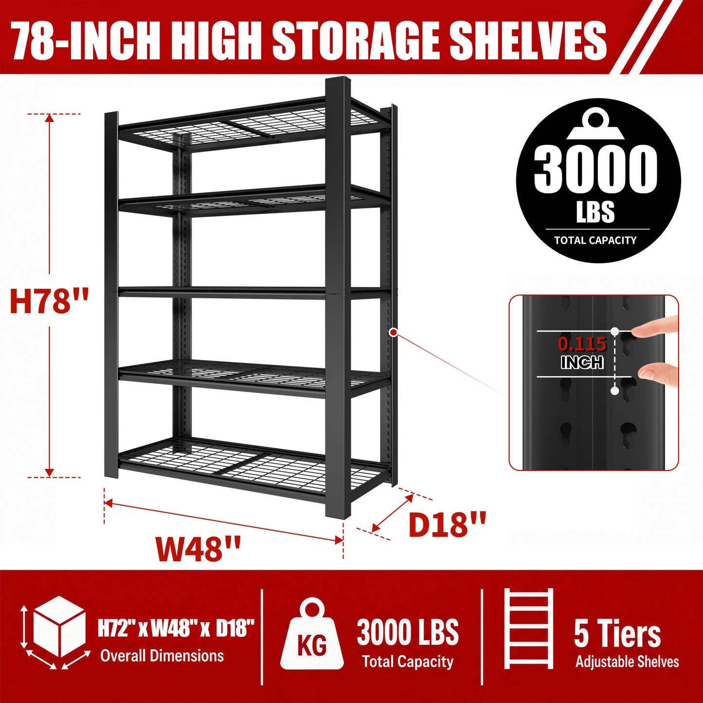 VIYET 78" Heavy Duty Metal Shelving Unit, 5 Tier Industrial Storage Rack with Adjustable Shelves, 3000 LBS Capacity Garage Organizer for Warehouse, Pantry, Black