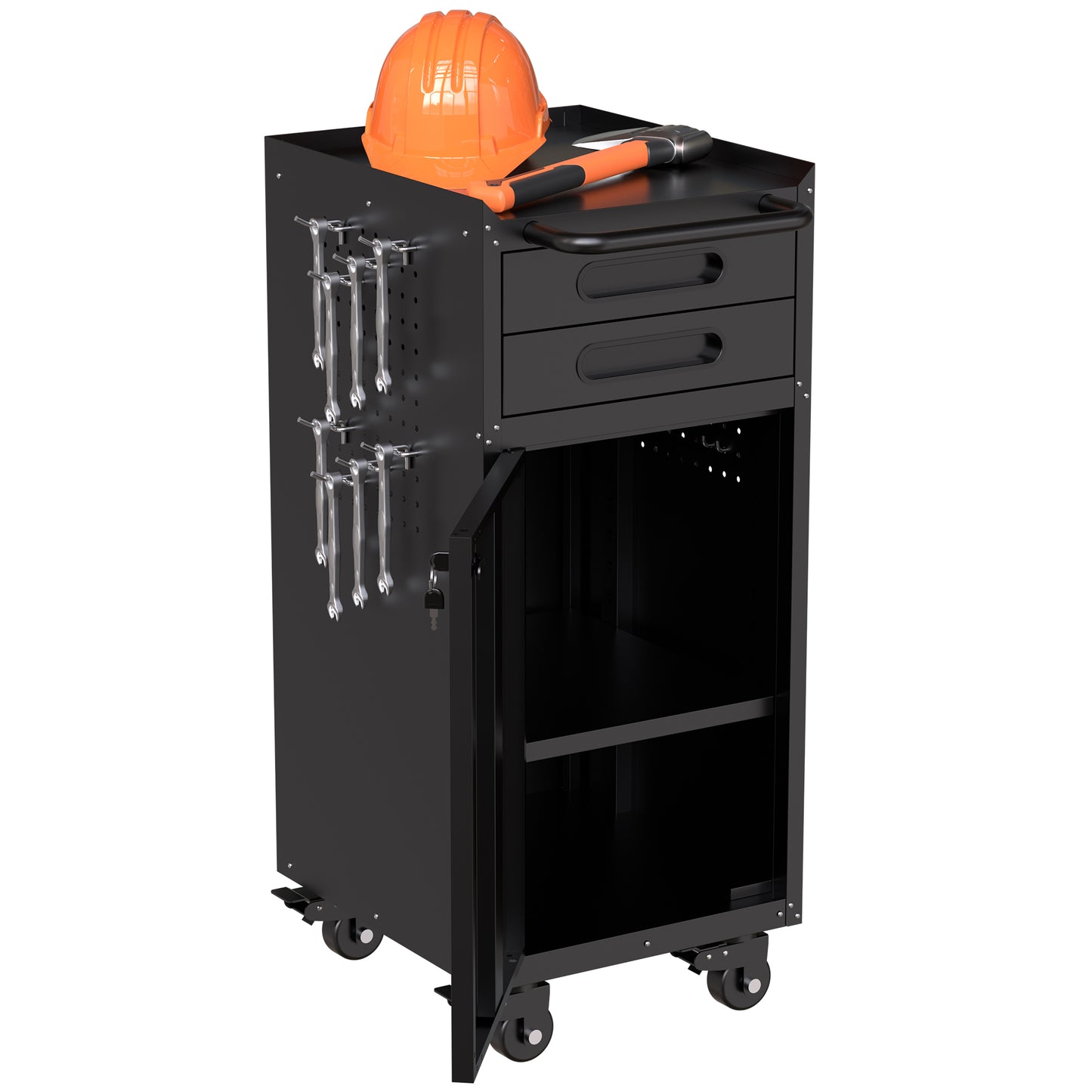 VIYET 34" Narrow Rolling Tool Cabinet - Slim 2-Drawer Space-Saving Storage with Lockable Door, Black