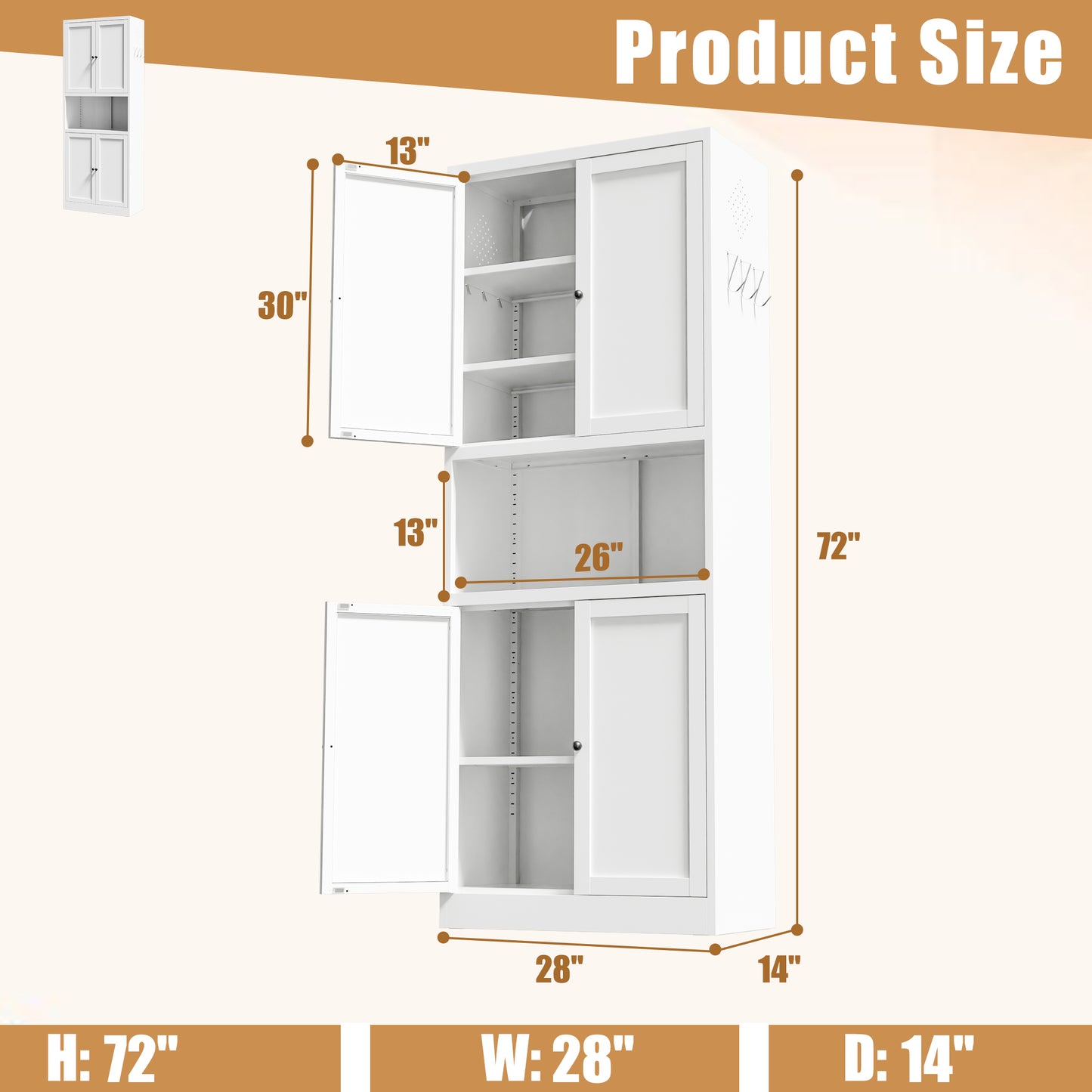 VIYET 72" Kitchen Pantry Cabinet with Large Countertop, Adjustable Shelves & Hooks, White Metal Coffee Bar Storage Cabinet for Kitchen & Dining Room