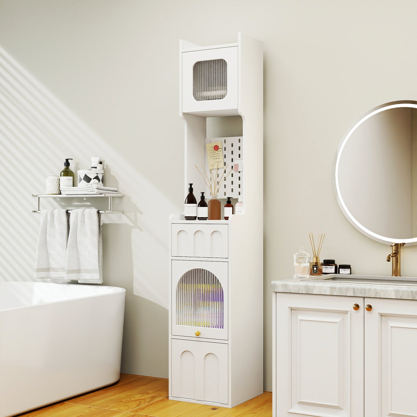 VIYET 71" Tall Narrow Storage Cabinet - White Particle Board+MDF, 1 Door & 2 Drawers, Kitchen Use