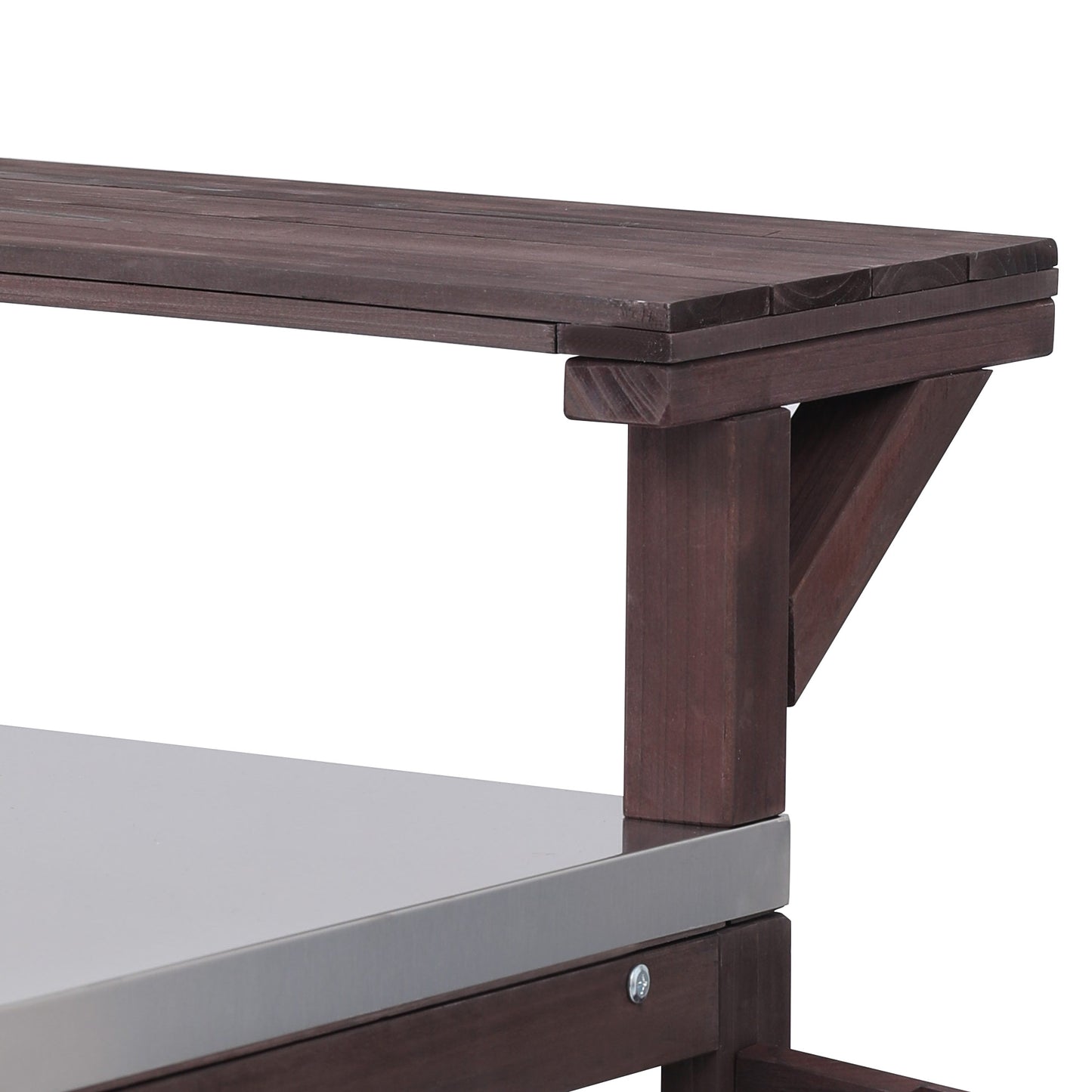 VIYET 43" K&K Outdoor Kitchen Island, Brown Solid Wood Grill Cart w/ Stainless Steel Top (Raised Shelf+Adjustable Storage Rack)