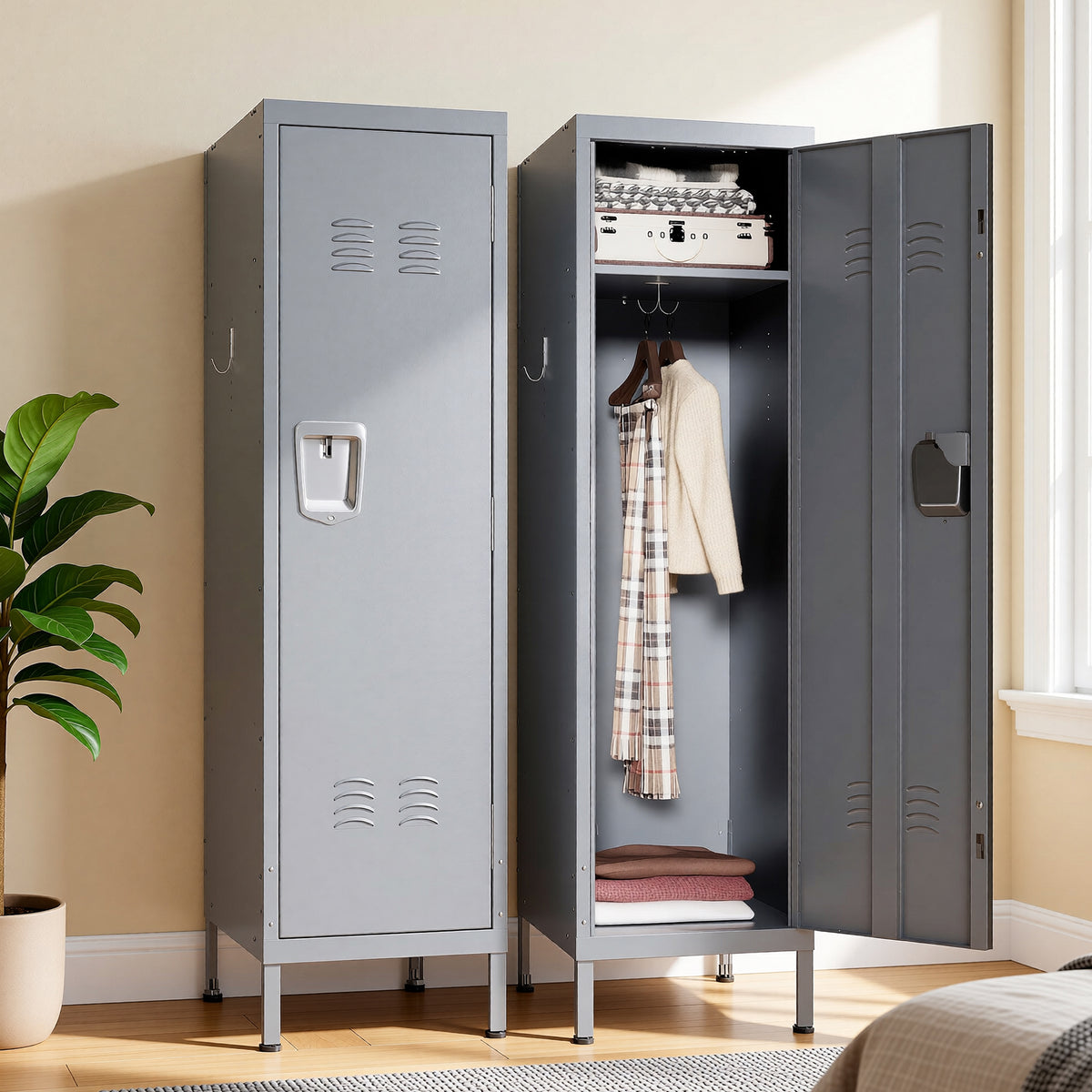 VIYET 55" Steel Wardrobe Cabinet with Lock, Slim Metal Clothing Storage Locker with Ventilated Door, Side Hooks & Anti-Tip Kit for Bedroom, Gray