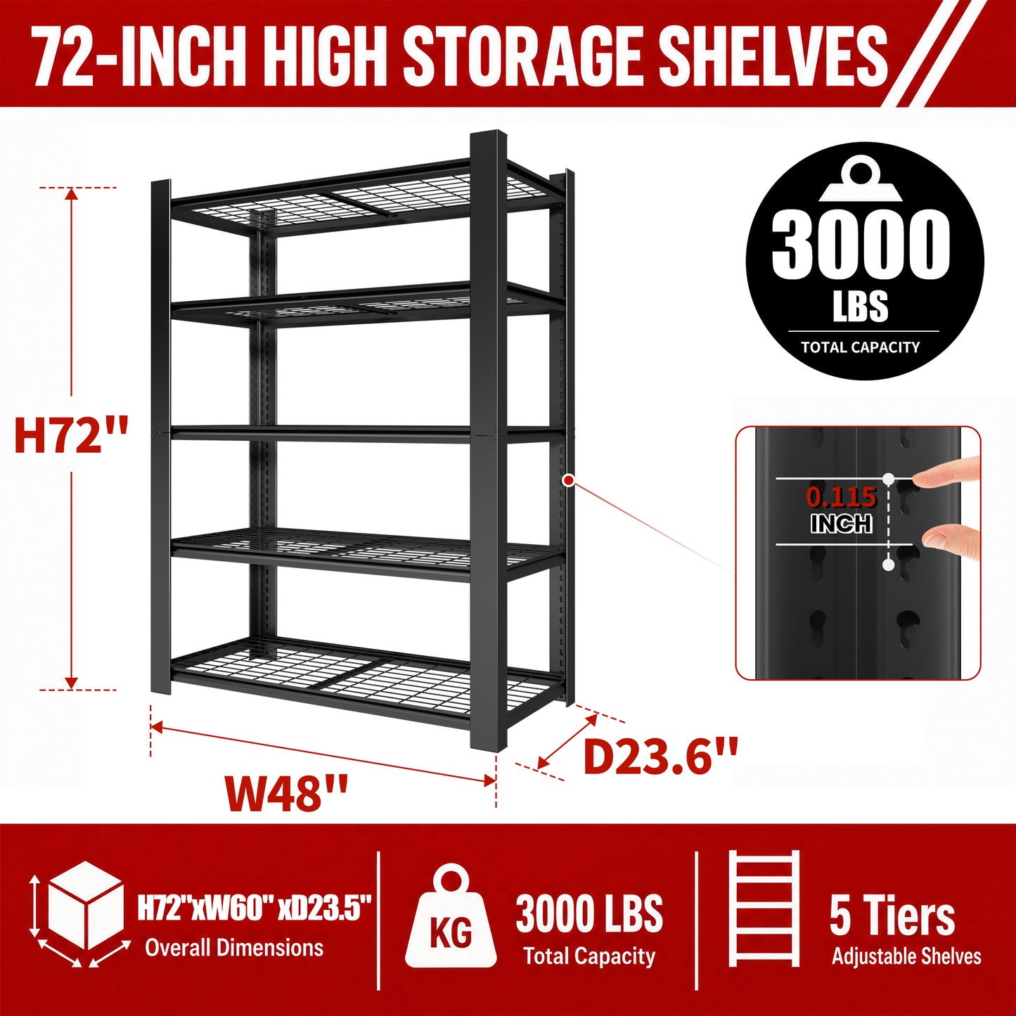 VIYET 72" H 5 Tier Heavy Duty Metal Garage Shelving Unit, Adjustable Industrial Storage Rack with 3000 lbs Capacity, Steel Shelf Organizer, 48"W x 23.6"D Black