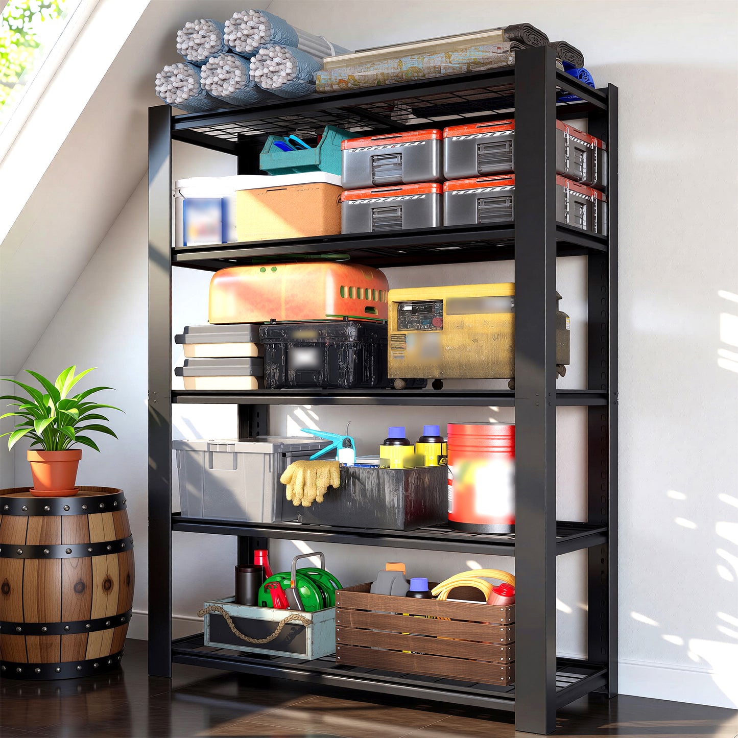 VIYET 78" Heavy Duty Metal Shelving Unit, 5 Tier Industrial Storage Rack with Adjustable Shelves, 3000 LBS Capacity Garage Organizer for Warehouse, Pantry, Black
