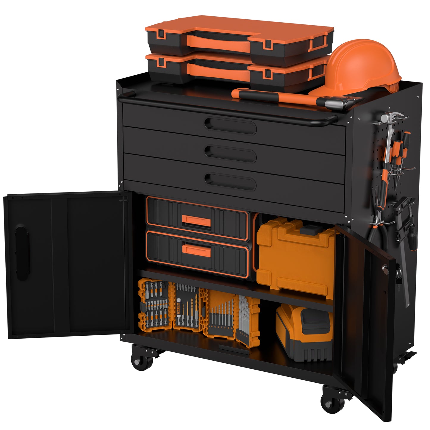 VIYET 34" Heavy-Duty Rolling Metal Tool Cabinet - 3-Drawer Garage Storage Organizer with Lockable Wheels, Black