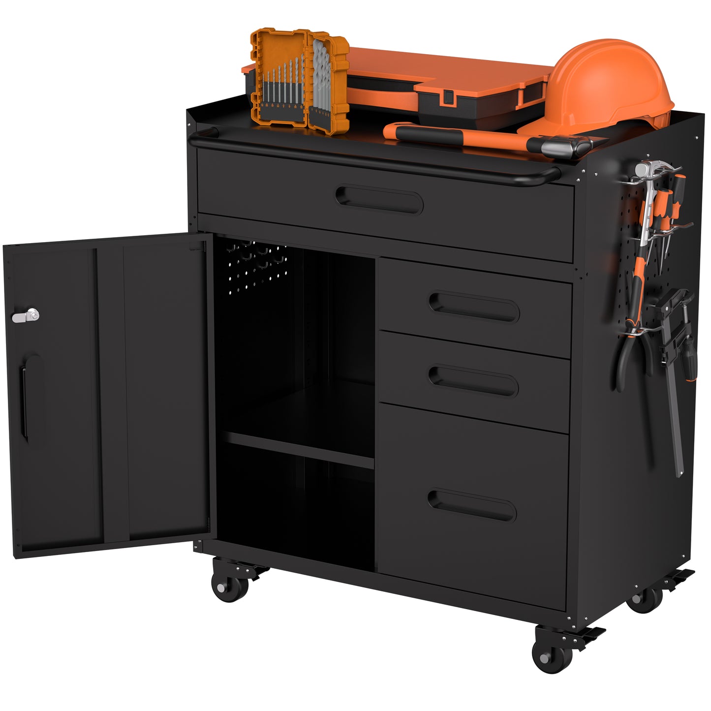 VIYET 34" 4-Drawer Mobile Tool Cabinet - Heavy-Duty Steel Garage Organizer with Lockable Storage Compartment & Rolling Workshop Chest, Black