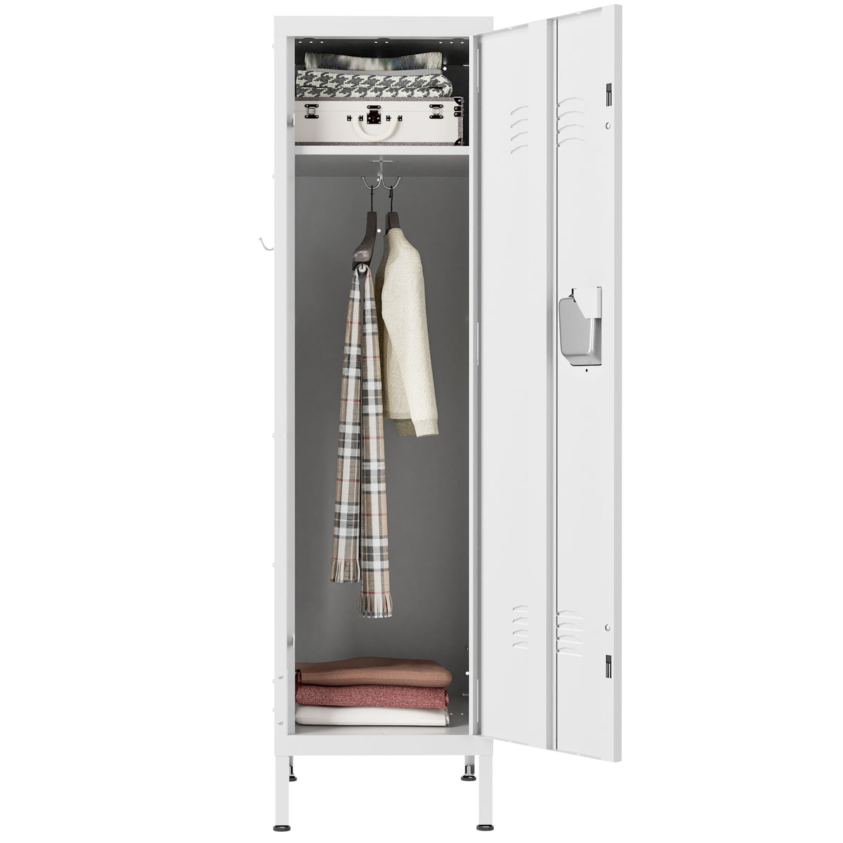 VIYET 55" White Metal Wardrobe Cabinet, Narrow Steel Clothing Storage with Lock & Ventilated Door, Side Hooks, Freestanding Closet for Bedroom & Small Apartment