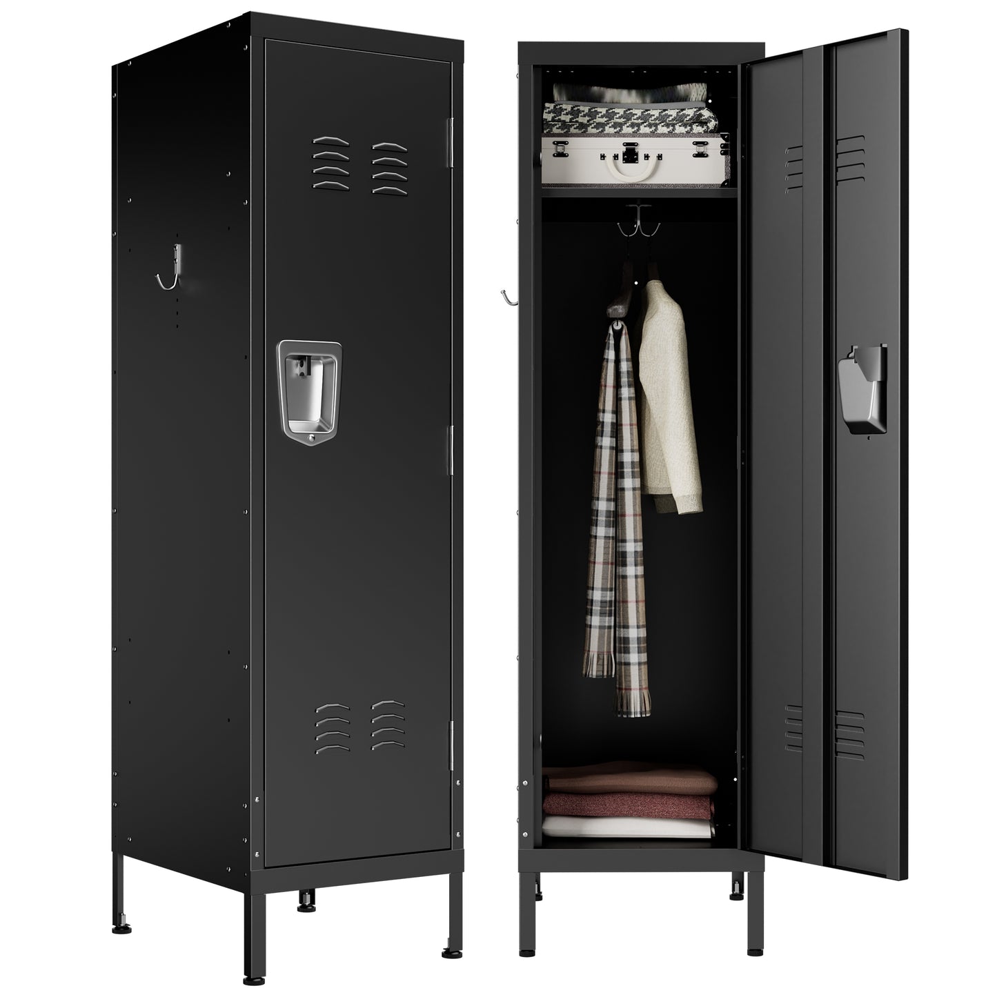 VIYET 55" Metal Wardrobe Cabinet, Narrow Steel Clothing Storage with Lock, Ventilated Door & Side Hooks, Bedroom Closet for Small Spaces, Black