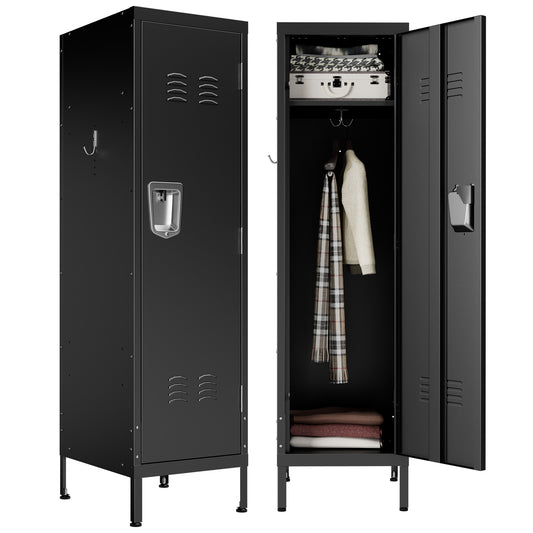 VIYET 55" Metal Wardrobe Cabinet, Narrow Steel Clothing Storage with Lock, Ventilated Door & Side Hooks, Bedroom Closet for Small Spaces, Black