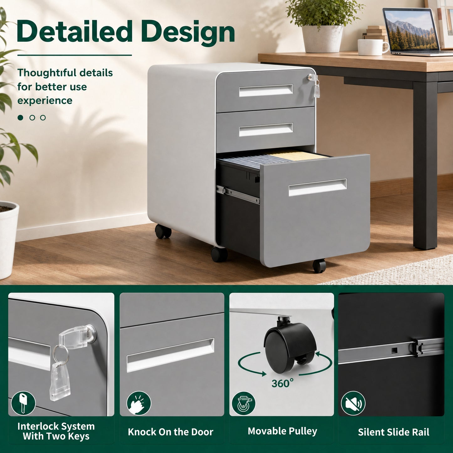 VIYET 3 Drawer Mobile File Cabinet, Gray Metal Rolling Filing Cabinet with Lock, Steel Office Storage Cabinet on Wheels for Letter Legal Files, Home Office Organizer
