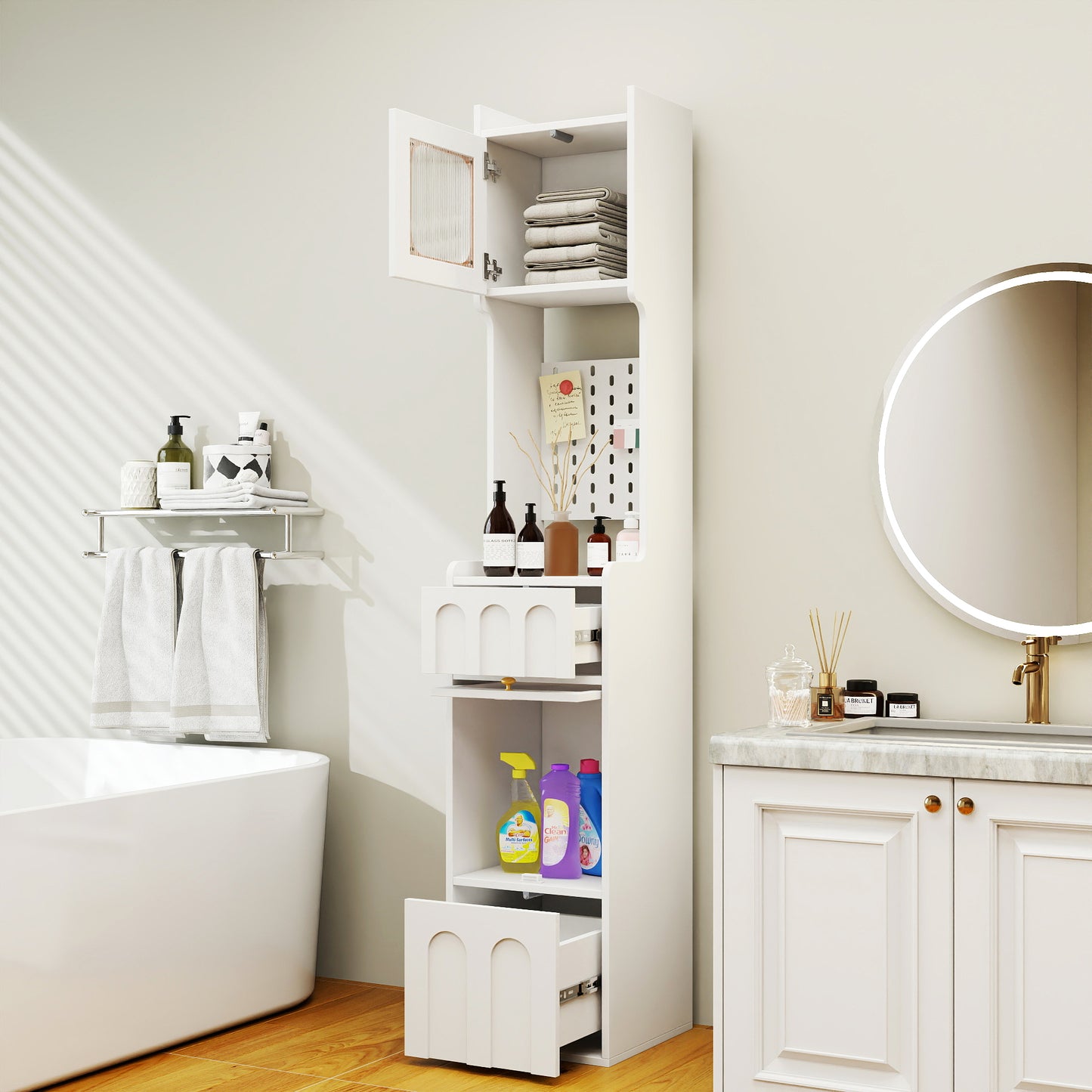 VIYET 71" Tall Narrow Storage Cabinet - White Particle Board+MDF, 1 Door & 2 Drawers, Kitchen Use