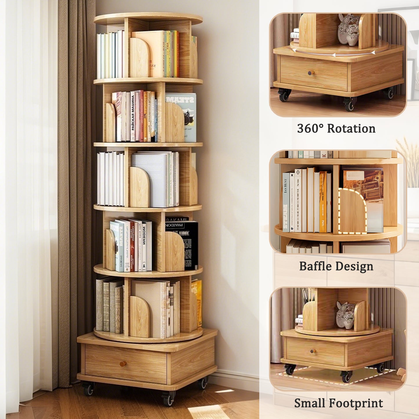 VIYET 68" 6-Tier 360° Rotating Bookshelf, Wood Color MDF Tower w/ Wheels & Drawer (Space-Saving Storage for Home/Office)