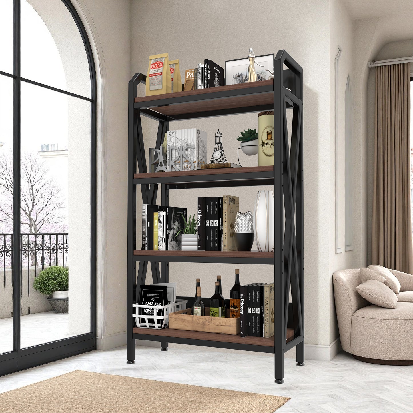 VIYET 56.3"H 4-Level Bakers Rack, Metal & Wooden Kitchen Storage Shelf (Adjustable Multi-Scene Organizer for Garage/Pantry/Bathroom)