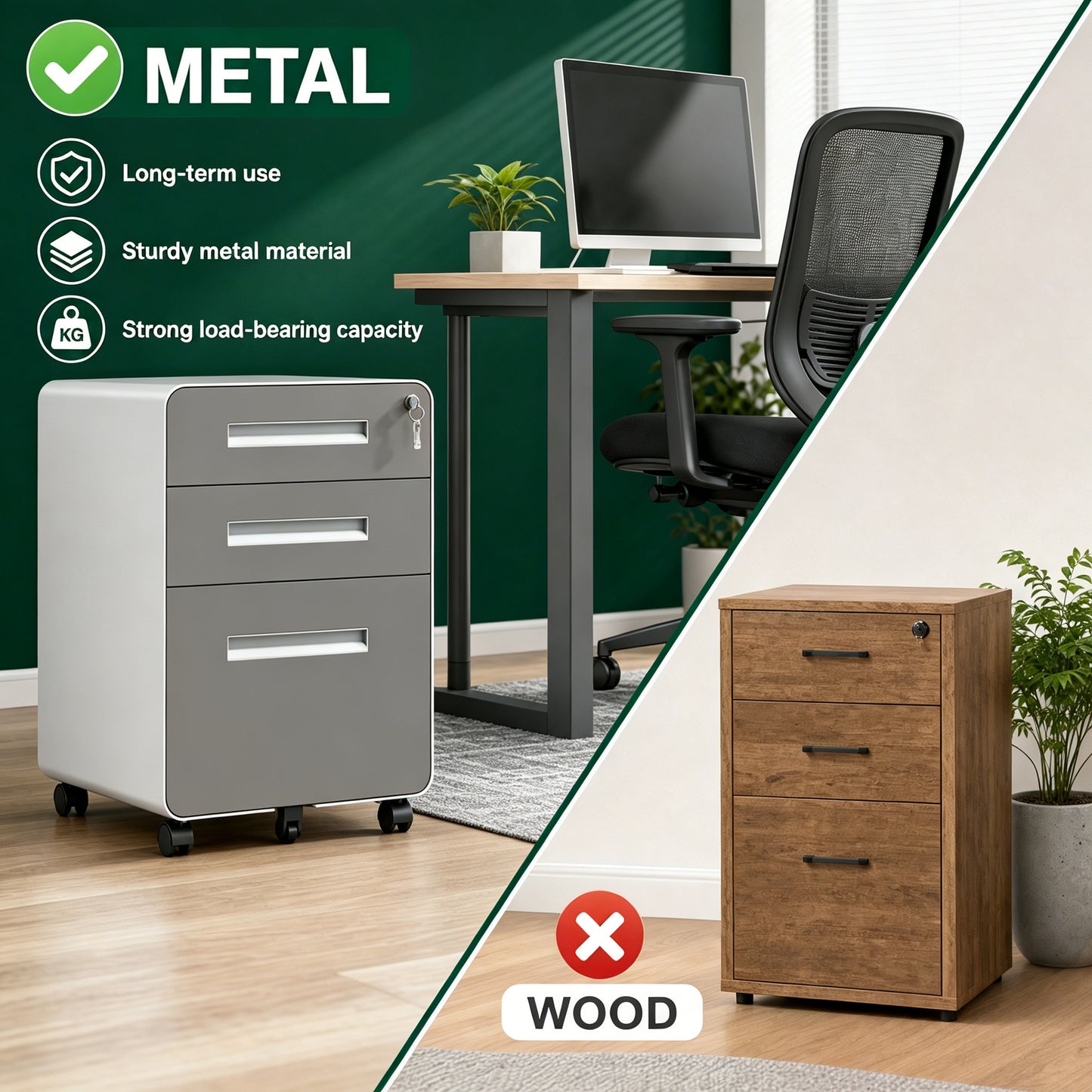 VIYET 3 Drawer Mobile File Cabinet, Gray Metal Rolling Filing Cabinet with Lock, Steel Office Storage Cabinet on Wheels for Letter Legal Files, Home Office Organizer