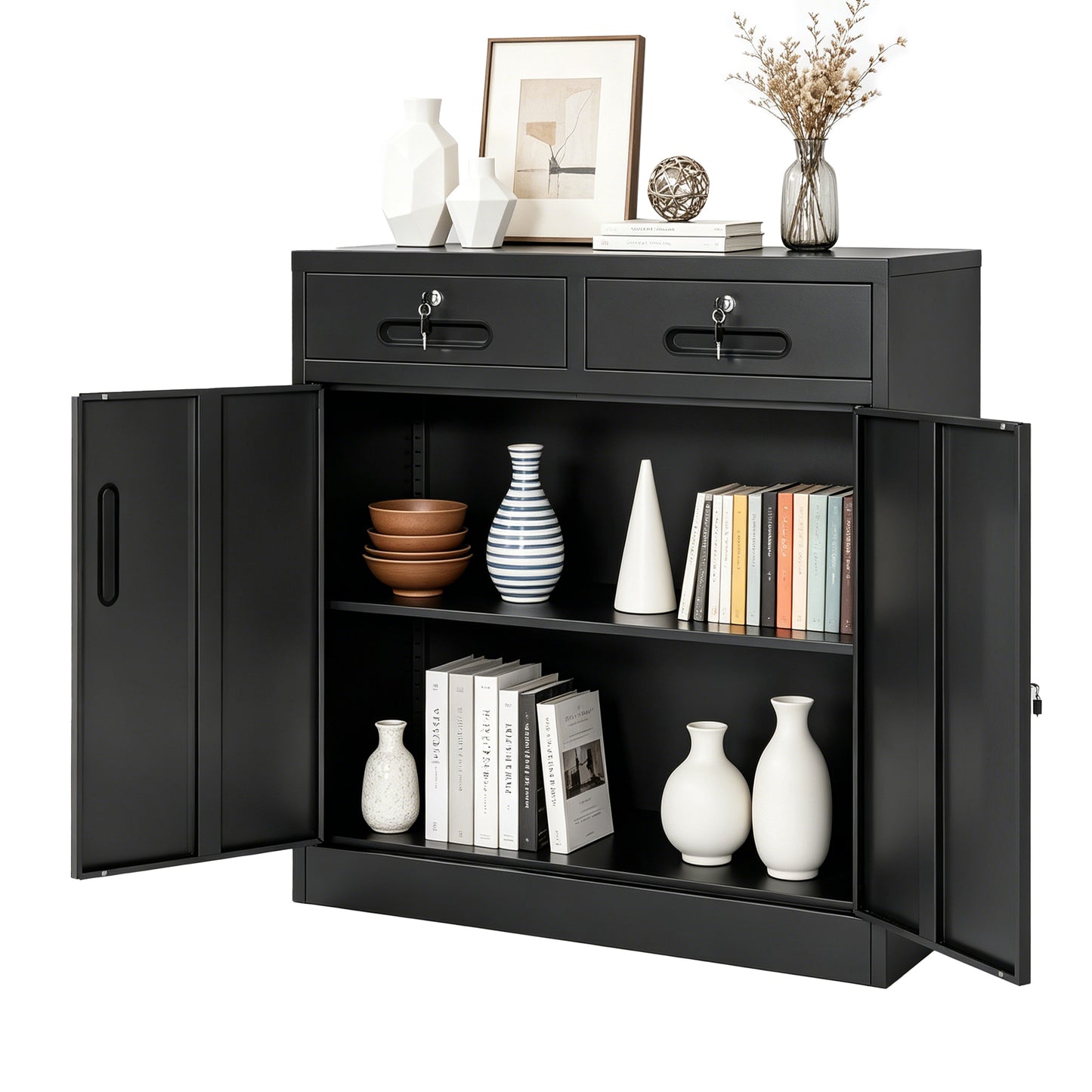 VIYET 35" Metal Storage Cabinet with Lock & 2 Drawers, Locking Steel Office File Cabinet with Adjustable Shelf for Home, Garage & School