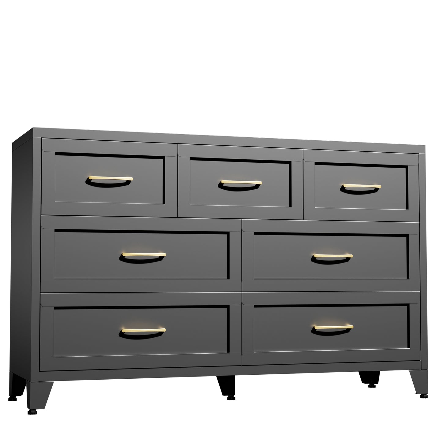 VIYET 7-Drawer Black Dresser, Wide Low-Profile Bedroom Storage Chest with Smooth-Glide Drawers