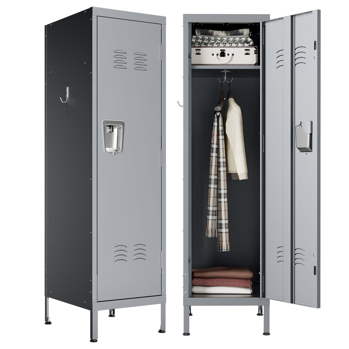 VIYET 55" Steel Wardrobe Cabinet with Lock, Slim Metal Clothing Storage Locker with Ventilated Door, Side Hooks & Anti-Tip Kit for Bedroom, Gray