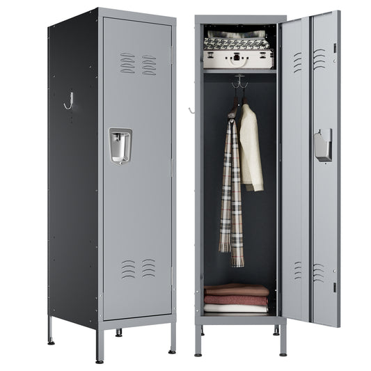 VIYET 55" Steel Wardrobe Cabinet with Lock, Slim Metal Clothing Storage Locker with Ventilated Door, Side Hooks & Anti-Tip Kit for Bedroom, Gray