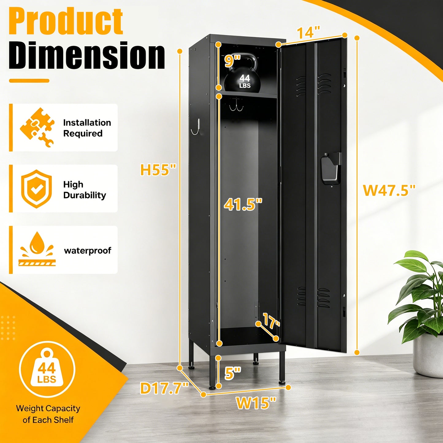 VIYET 55" Metal Wardrobe Cabinet, Narrow Steel Clothing Storage with Lock, Ventilated Door & Side Hooks, Bedroom Closet for Small Spaces, Black