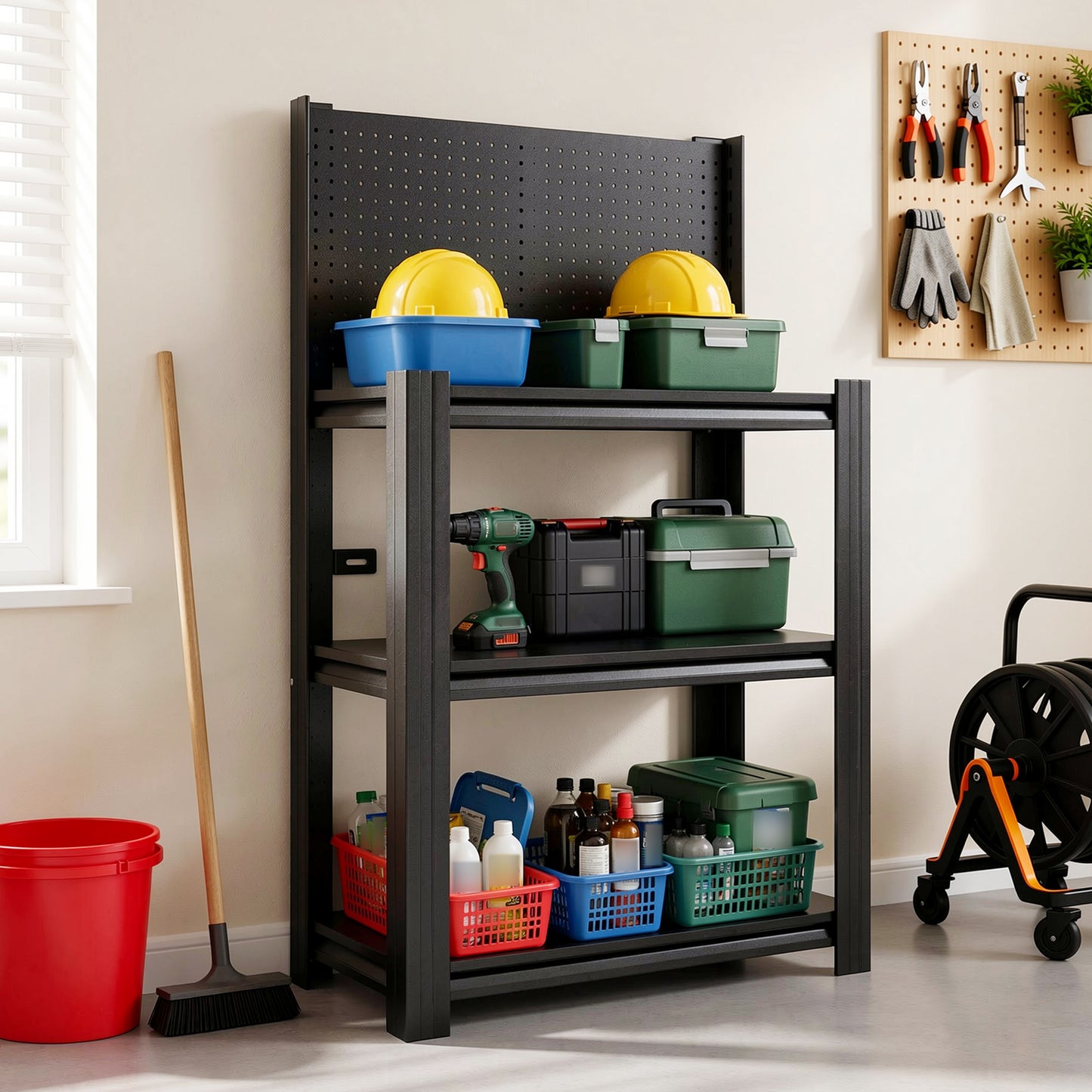 VIYET 3-Tier Metal Storage Shelf with Pegboard, 660 lbs Capacity, Adjustable Garage Shelving Rack for Tools, Workshop, Basement & Utility Room