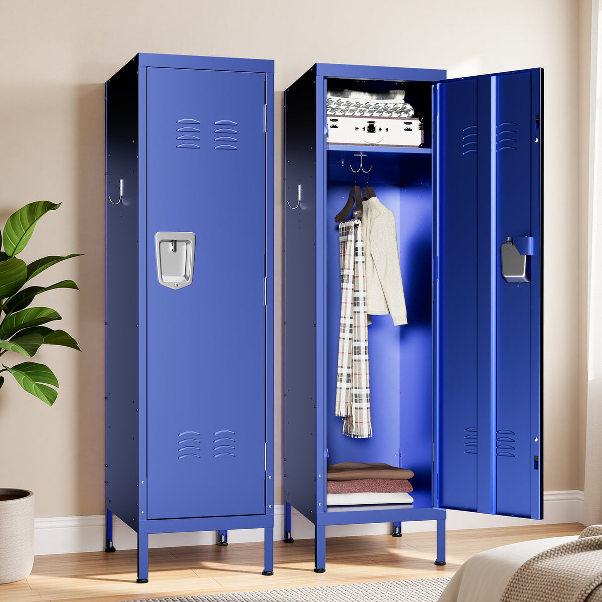 VIYET 55" Blue Metal Wardrobe Cabinet, Slim Steel Clothing Storage Locker with Lock, Ventilated Door, Side Hooks & Anti-Tip Design for Bedroom & Home Office