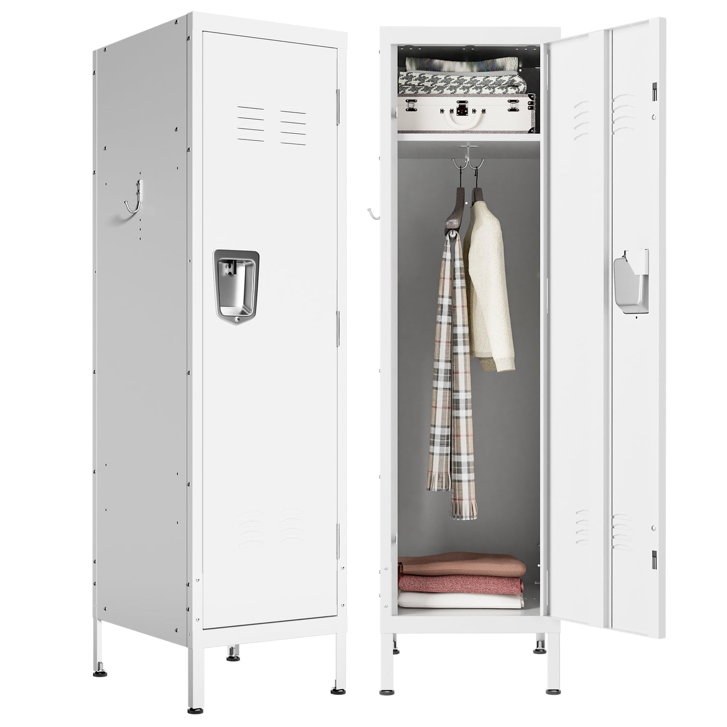 VIYET 55" White Metal Wardrobe Cabinet, Narrow Steel Clothing Storage with Lock & Ventilated Door, Side Hooks, Freestanding Closet for Bedroom & Small Apartment