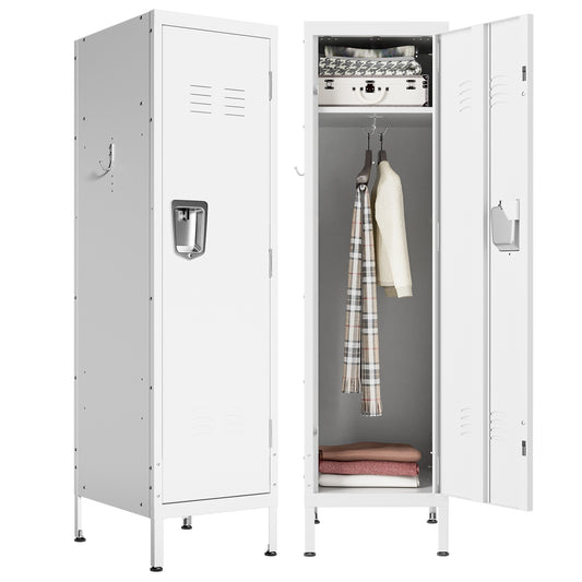 VIYET 55" White Metal Wardrobe Cabinet, Narrow Steel Clothing Storage with Lock & Ventilated Door, Side Hooks, Freestanding Closet for Bedroom & Small Apartment
