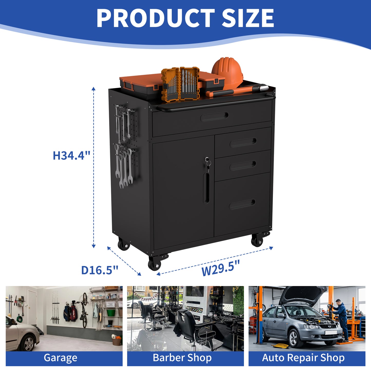 VIYET 34" 4-Drawer Mobile Tool Cabinet - Heavy-Duty Steel Garage Organizer with Lockable Storage Compartment & Rolling Workshop Chest, Black