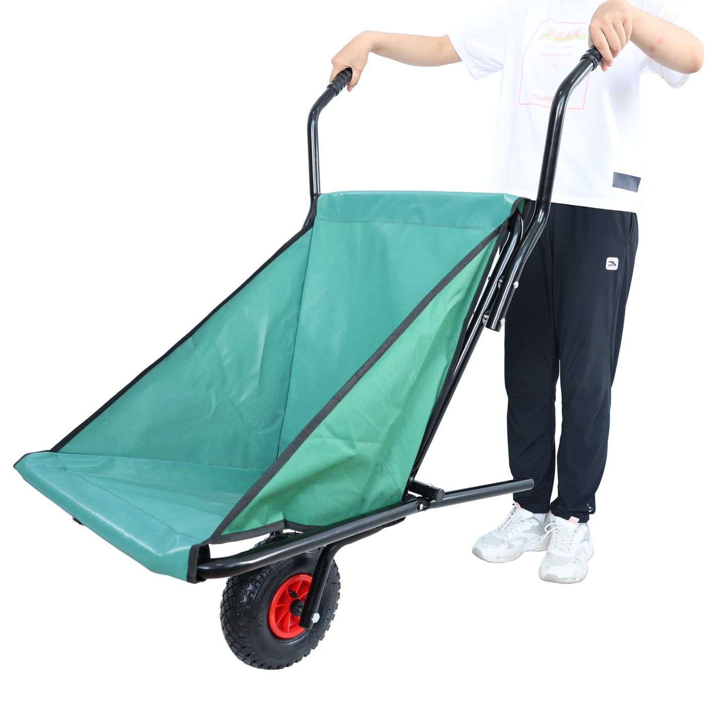 VIYET Collapsible Folding Wheelbarrow, 176 Lbs Lightweight Garden Cart, Heavy-Duty Oxford Cloth Yard Cart with 10" Pneumatic Tire for Lawn, Green