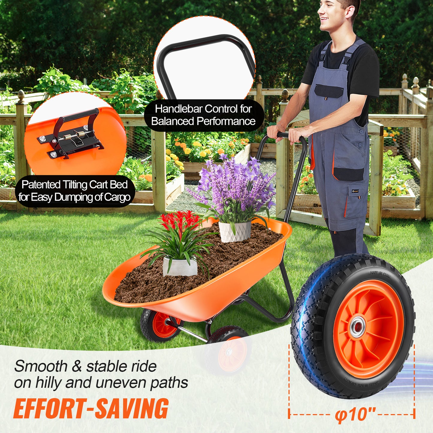VIYET 2-Wheel Wheelbarrow Cart 5 Cu. Ft. 397 Lbs Capacity, Heavy-Duty Garden Dump Cart with 10" Solid Foam Wheels & Padded Handle for Lawn Farm Outdoor