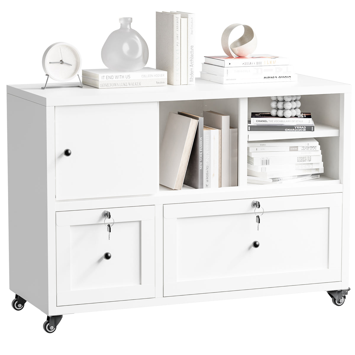 VIYET 28" White Metal 2-Drawer Lateral File Cabinet with Lock and Wheels, Rolling Office Storage for Letter, Legal & A4 Files