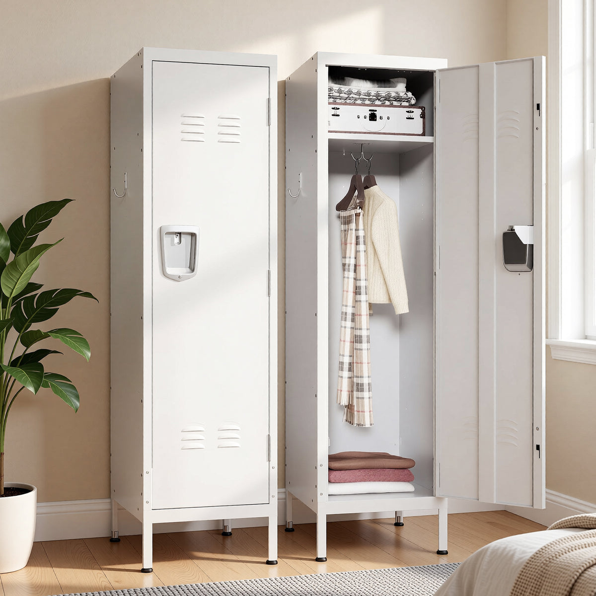 VIYET 55" White Metal Wardrobe Cabinet, Narrow Steel Clothing Storage with Lock & Ventilated Door, Side Hooks, Freestanding Closet for Bedroom & Small Apartment