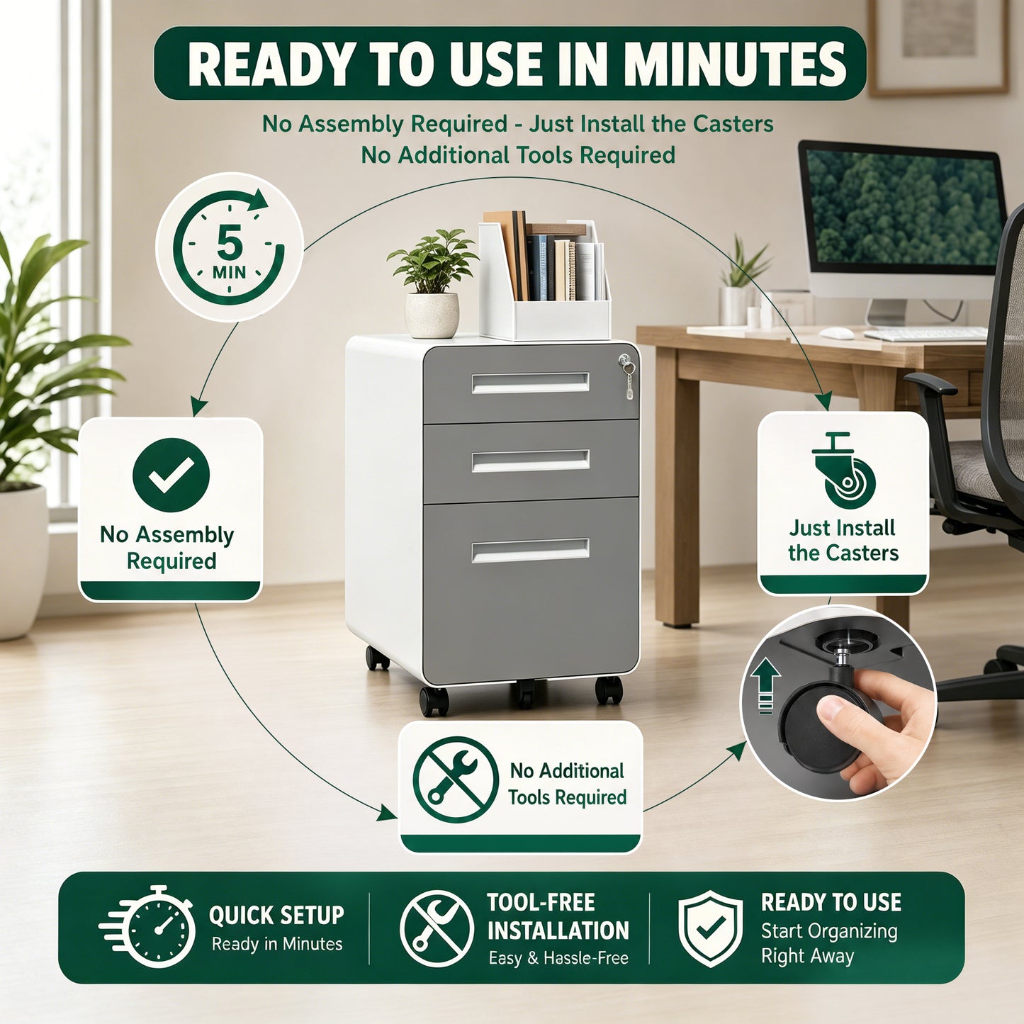 VIYET 3 Drawer Mobile File Cabinet, Gray Metal Rolling Filing Cabinet with Lock, Steel Office Storage Cabinet on Wheels for Letter Legal Files, Home Office Organizer