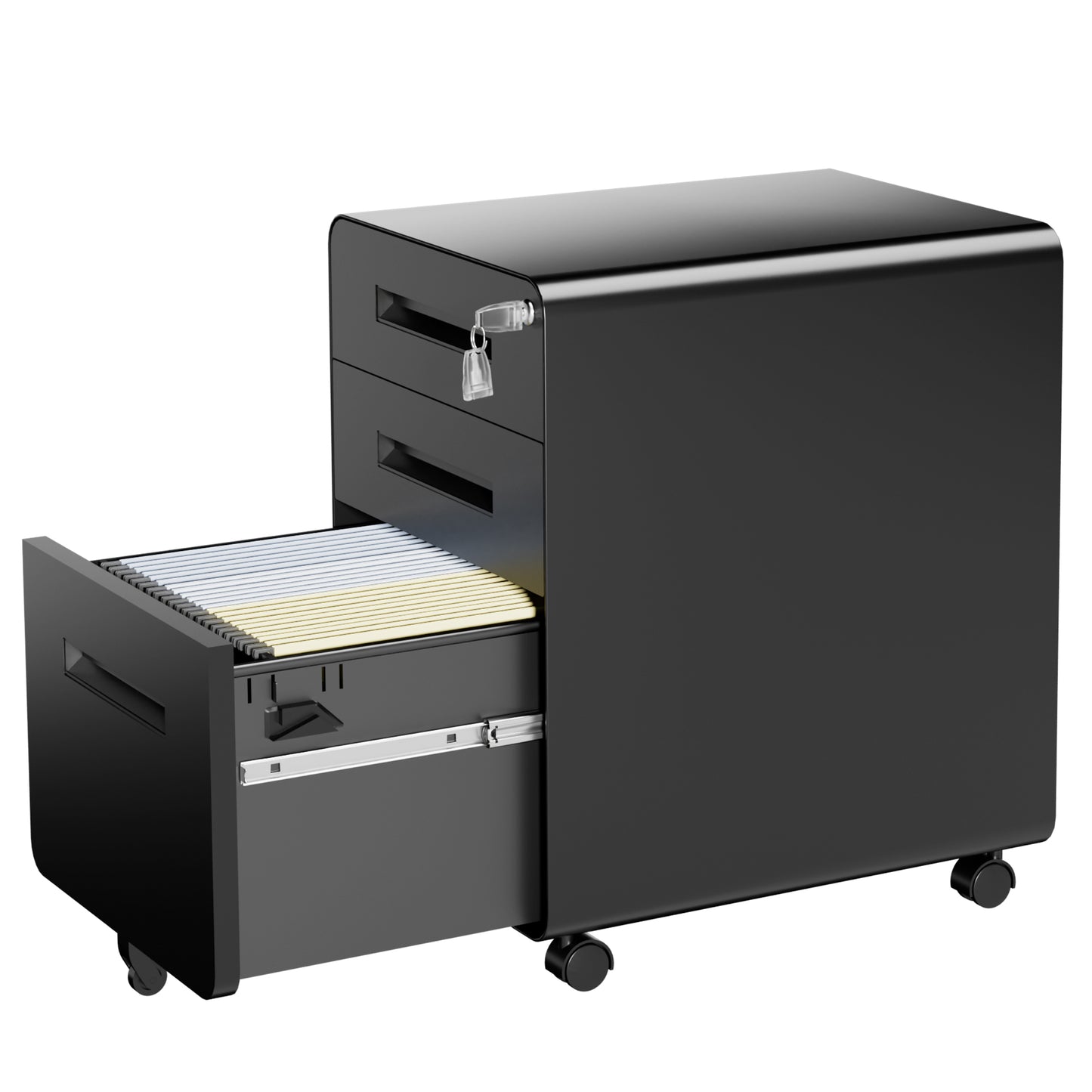 VIYET 3 Drawer Filing Cabinet with Lock, Black Rolling Metal Office Cabinet, Secure Document Storage Organizer for Letter & Legal Files
