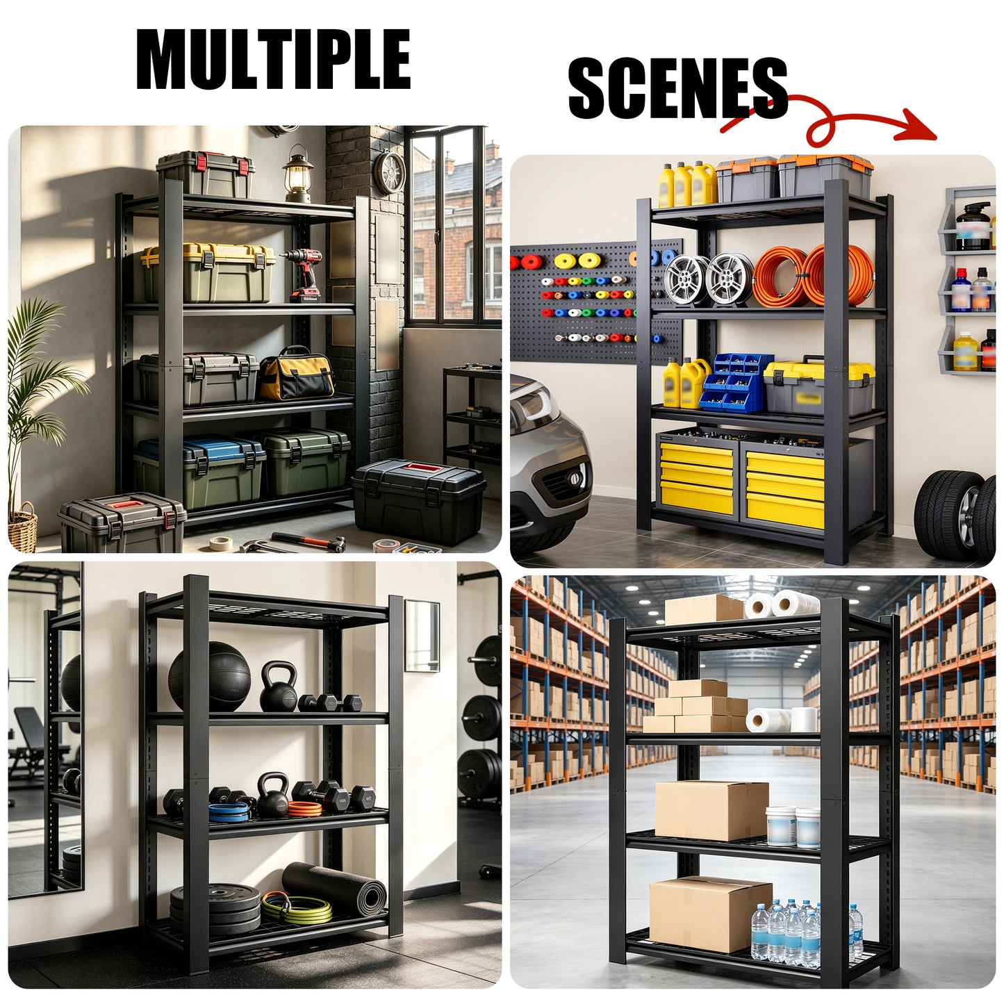 VIYET 60" H Heavy Duty Metal Shelving Unit, 4 Tier Adjustable Storage Rack with 2240 LBS Capacity, Garage Shelf Organizer for Pantry Kitchen Black