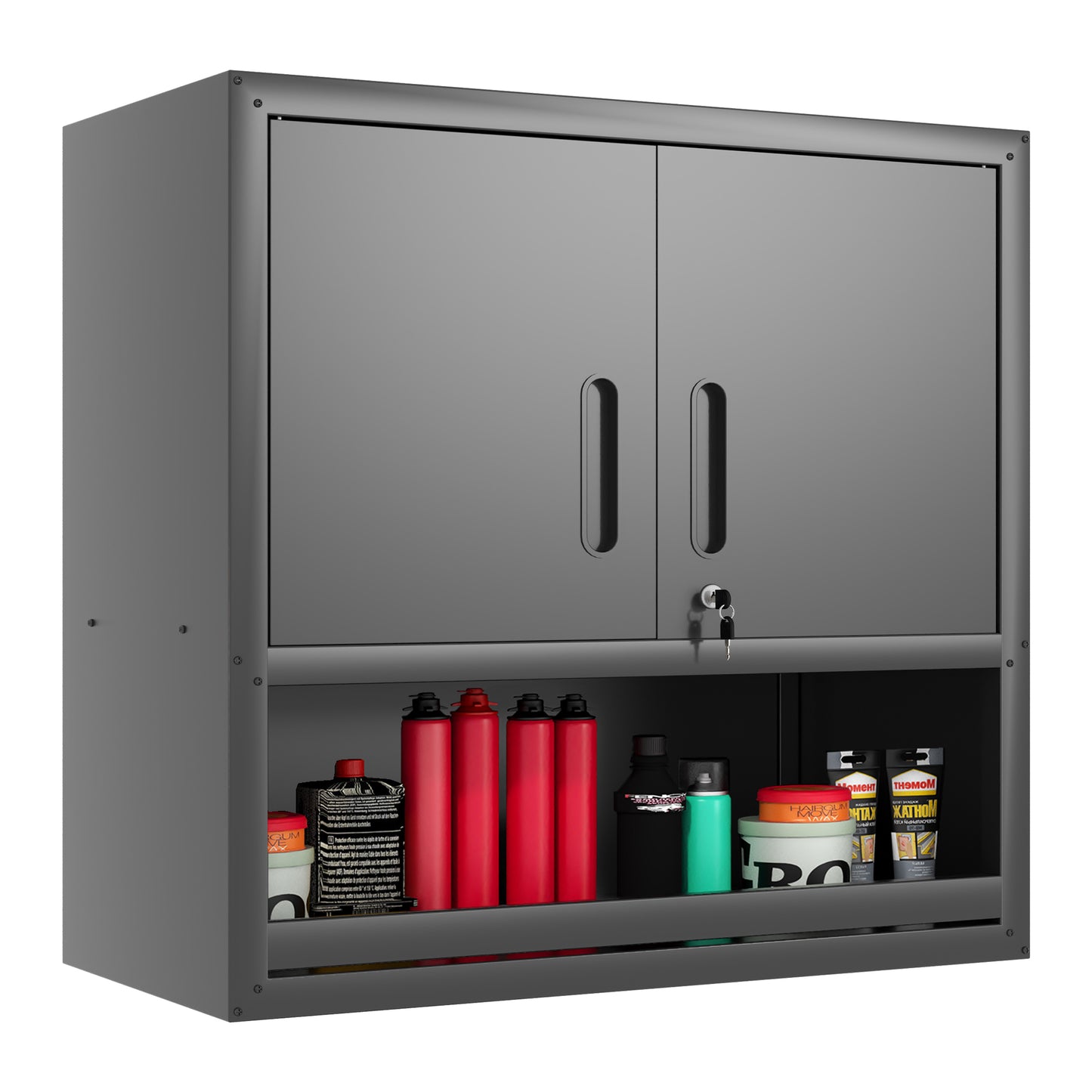 VIYET 30"H Wall-Mounted Steel Cabinet, Locking Doors, Open Drawer & Adjustable Shelf, Rust-Resistant Cold-Rolled Steel, Garage/Office/Warehouse/Home/School