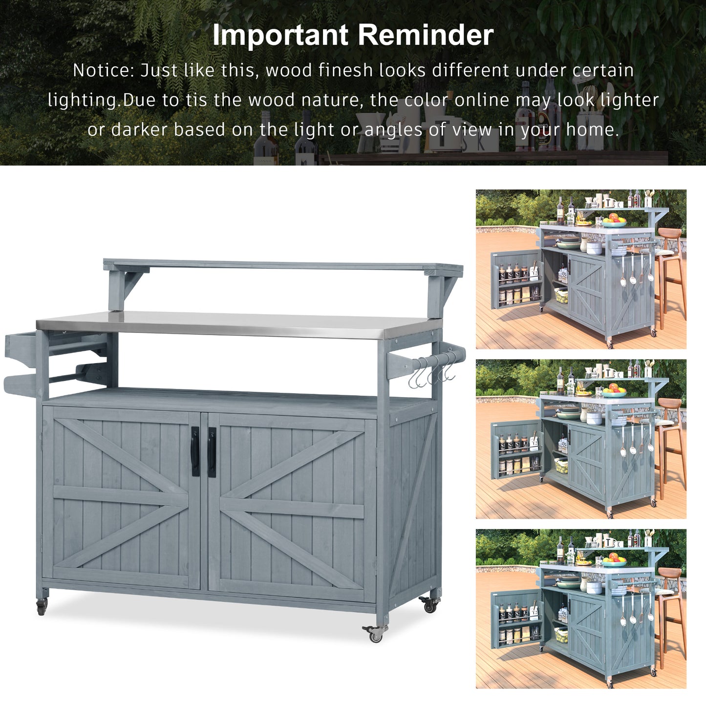 VIYET 43" K&K Outdoor Kitchen Island, Grey-Blue Solid Wood Grill Cart w/ Stainless Steel Top (Raised Shelf+Adjustable Storage Rack)