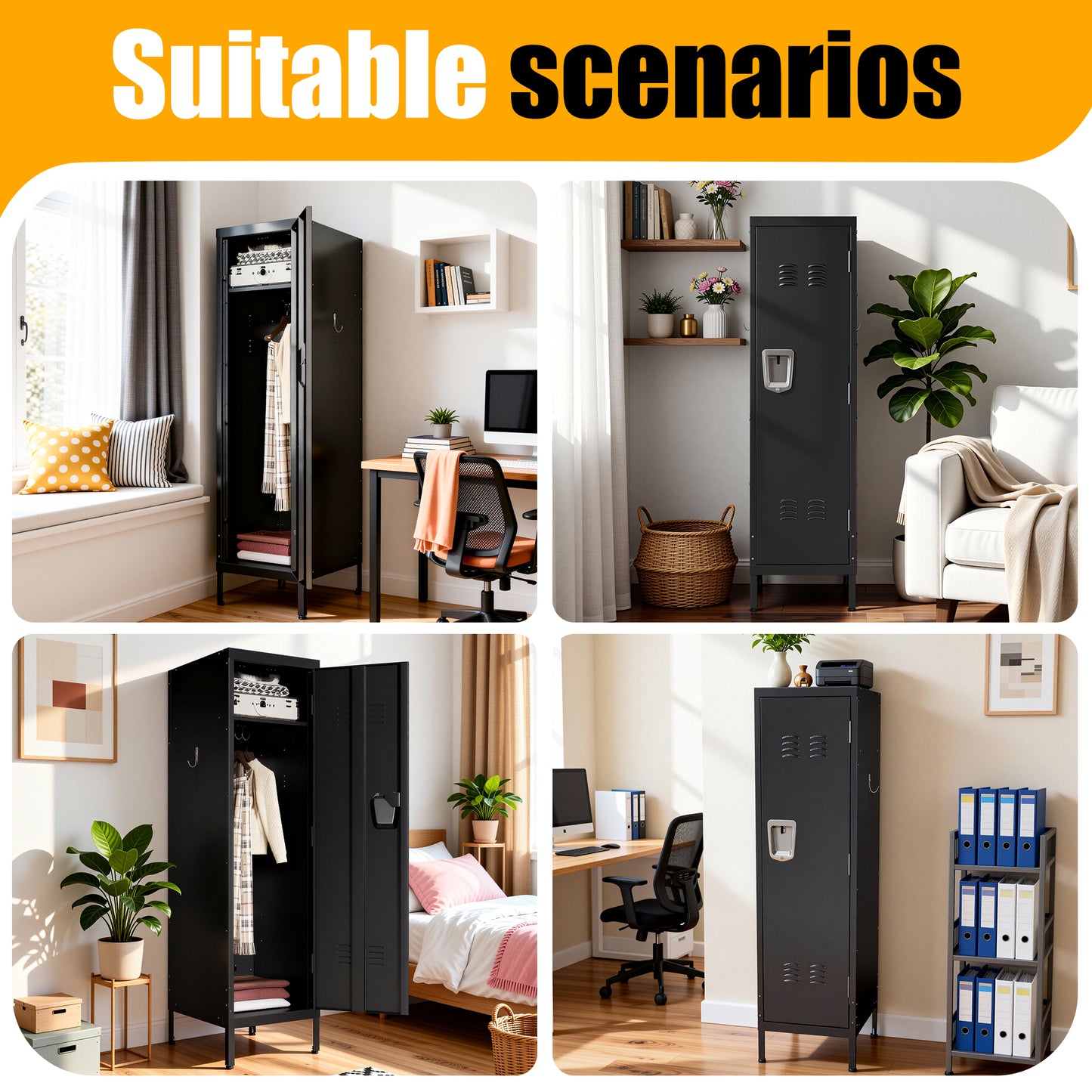 VIYET 55" Metal Wardrobe Cabinet, Narrow Steel Clothing Storage with Lock, Ventilated Door & Side Hooks, Bedroom Closet for Small Spaces, Black