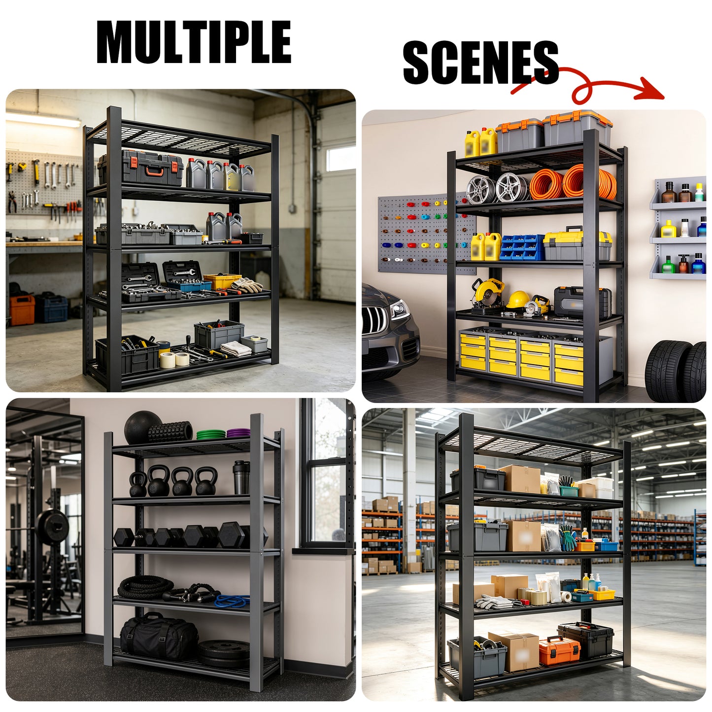 VIYET 78" Heavy Duty Metal Shelving Unit, 5 Tier Industrial Storage Rack with Adjustable Shelves, 3000 LBS Capacity Garage Organizer for Warehouse, Pantry, Black