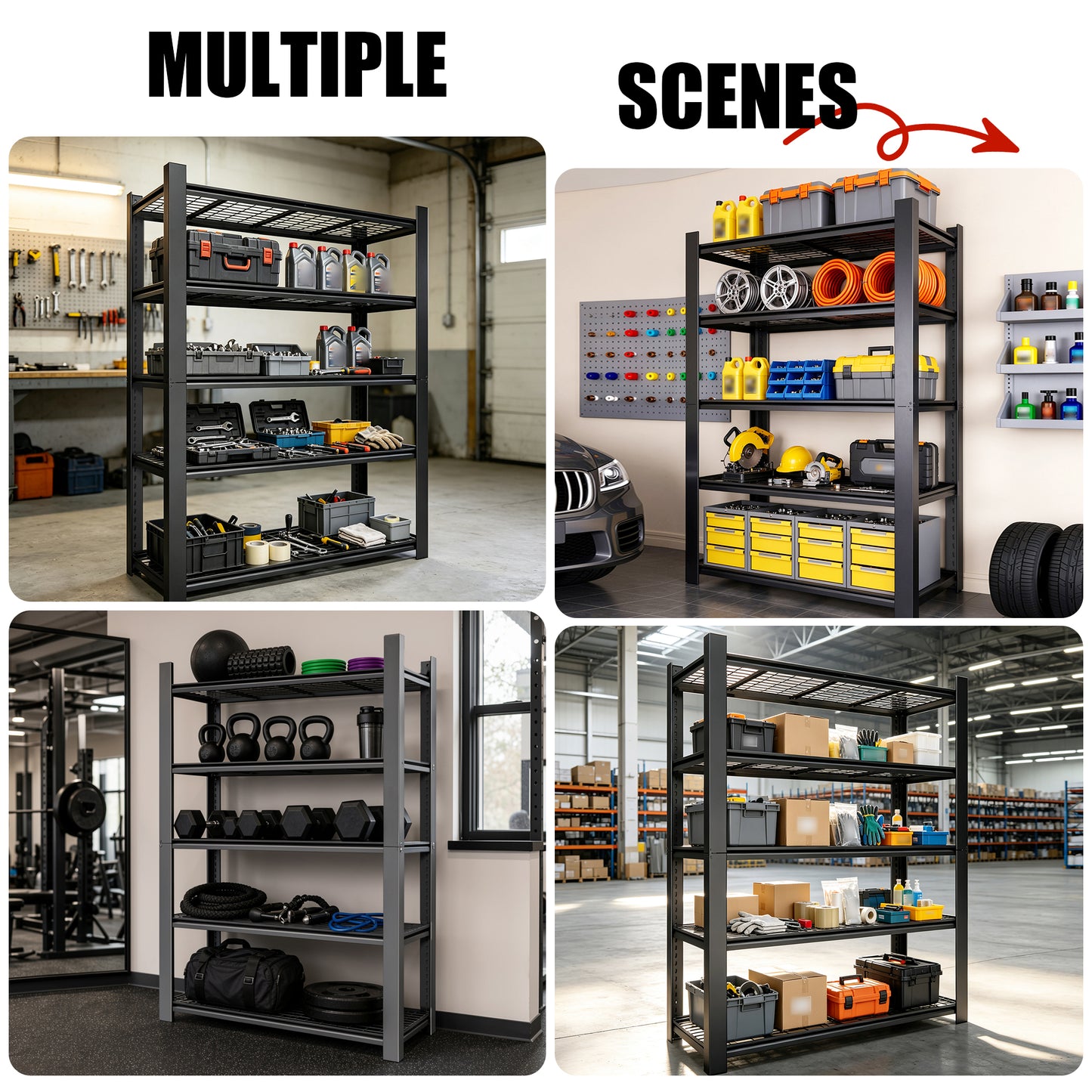VIYET 72" H 5 Tier Heavy Duty Metal Garage Shelving Unit, Adjustable Industrial Storage Rack with 3000 lbs Capacity, Steel Shelf Organizer, 48"W x 23.6"D Black