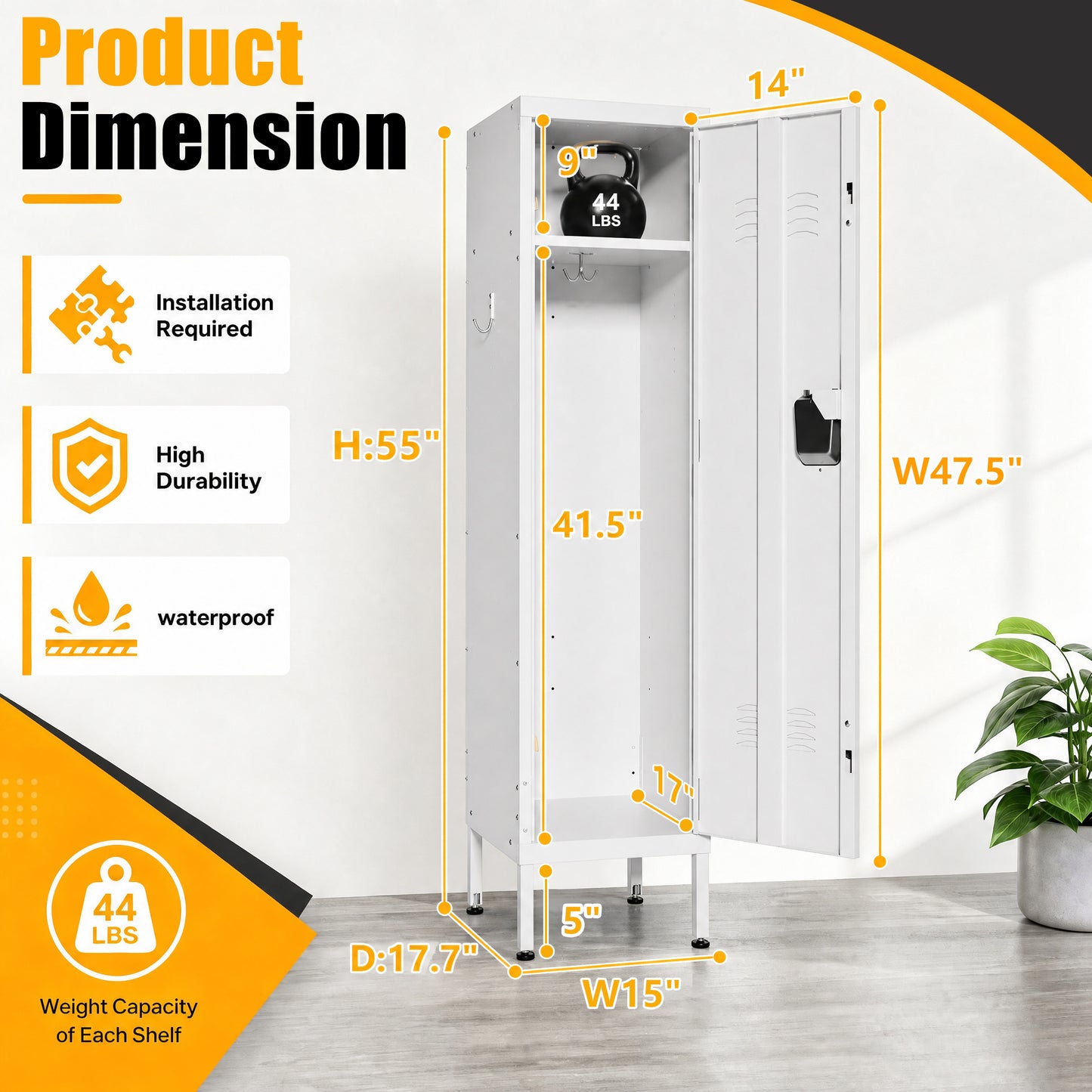 VIYET 55" White Metal Wardrobe Cabinet, Narrow Steel Clothing Storage with Lock & Ventilated Door, Side Hooks, Freestanding Closet for Bedroom & Small Apartment