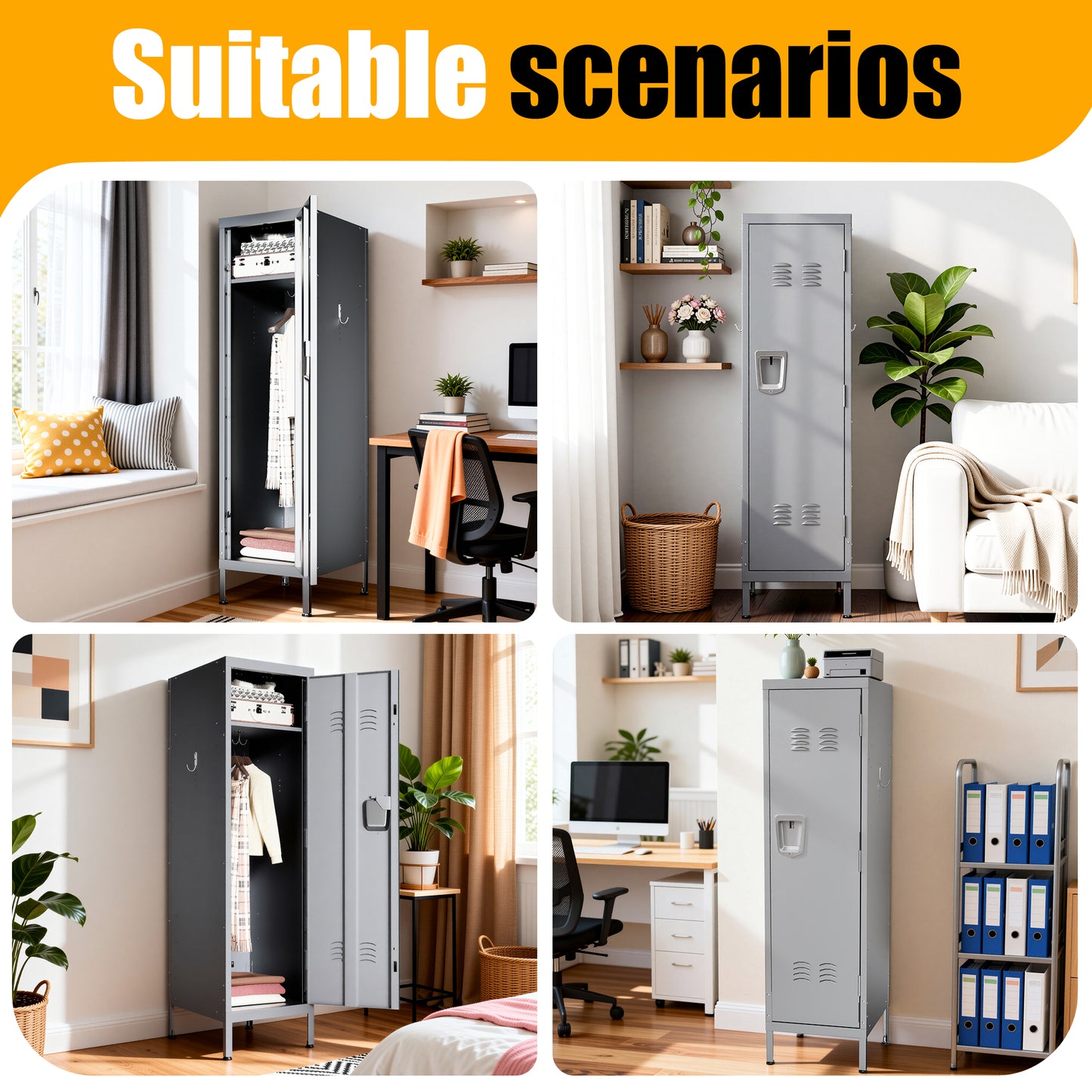 VIYET 55" Steel Wardrobe Cabinet with Lock, Slim Metal Clothing Storage Locker with Ventilated Door, Side Hooks & Anti-Tip Kit for Bedroom, Gray