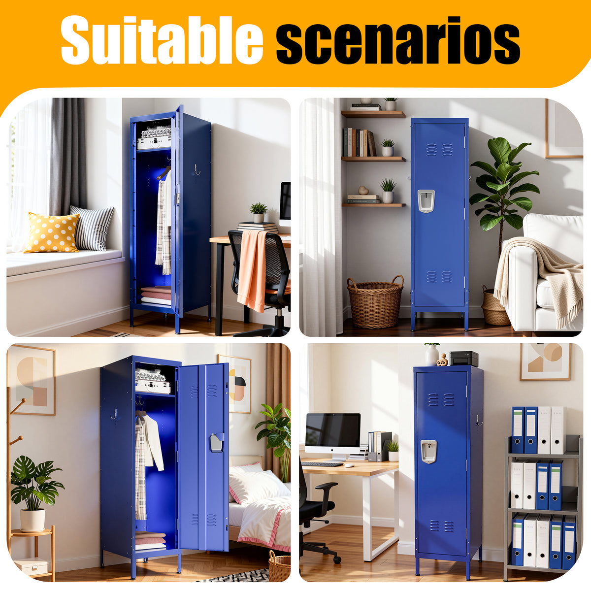 VIYET 55" Blue Metal Wardrobe Cabinet, Slim Steel Clothing Storage Locker with Lock, Ventilated Door, Side Hooks & Anti-Tip Design for Bedroom & Home Office