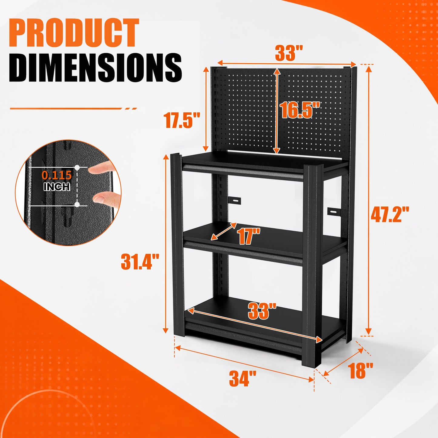 VIYET 3-Tier Metal Storage Shelf with Pegboard, 660 lbs Capacity, Adjustable Garage Shelving Rack for Tools, Workshop, Basement & Utility Room