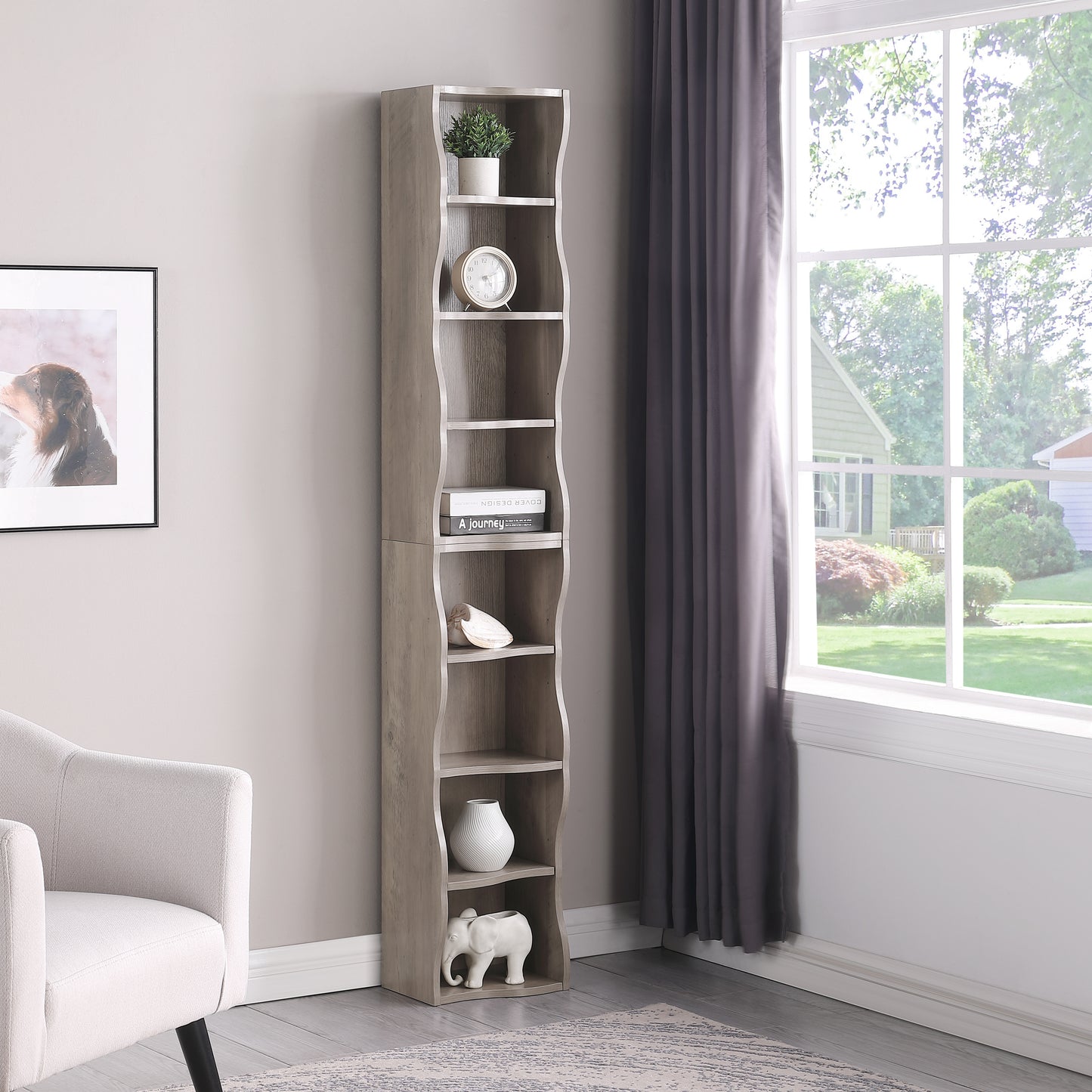 VIYET 71" 8-Tier Ultra-Thin Adjustable Bookshelf, Gray MDF Display Rack w/ Wavy Border (Detachable Home Office Organizer)