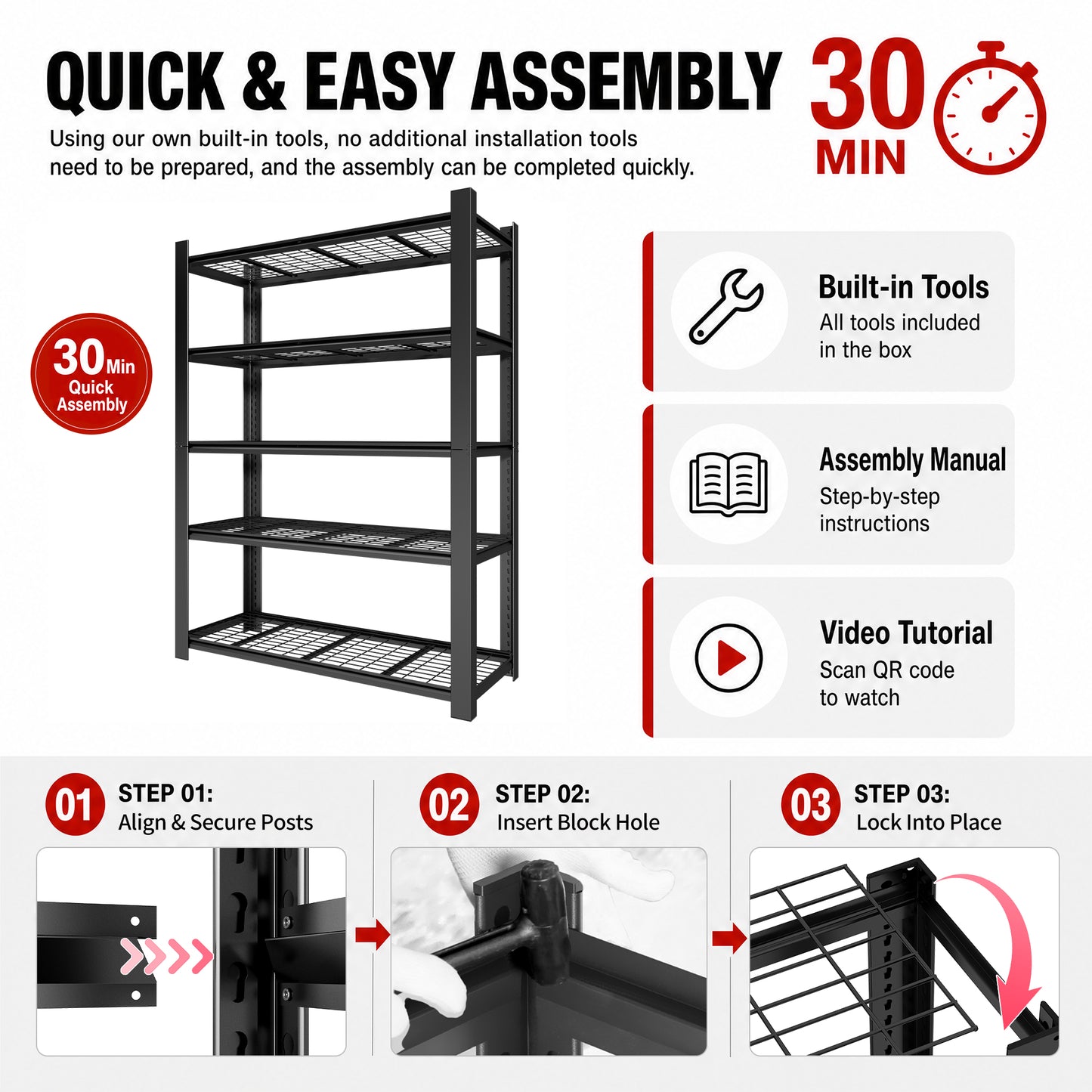 VIYET 78" Heavy Duty Metal Shelving Unit, 5 Tier Industrial Storage Rack with Adjustable Shelves, 3000 LBS Capacity Garage Organizer for Warehouse, Pantry, Black